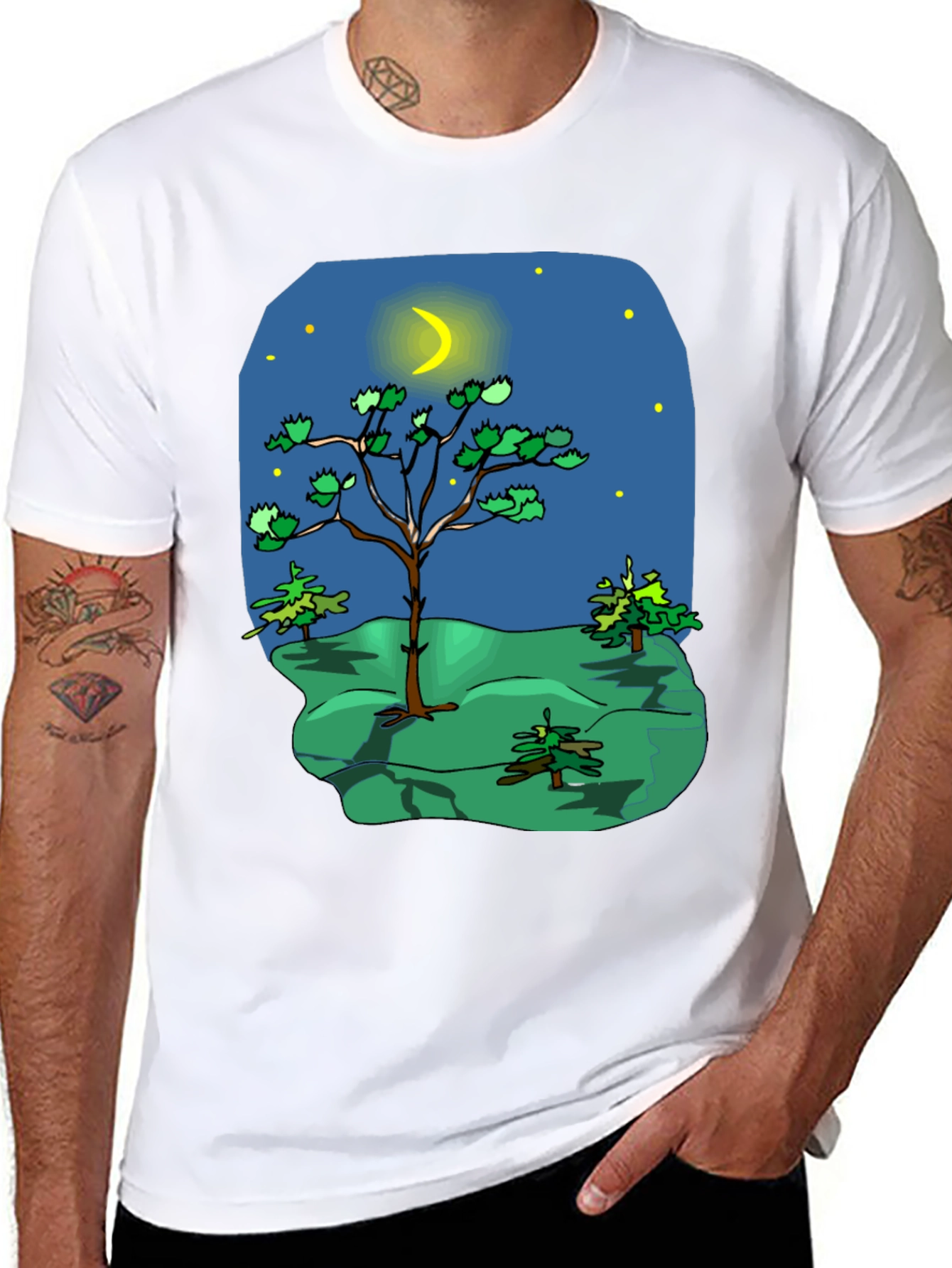 Cartoon Nature Scene Black T-Shirt