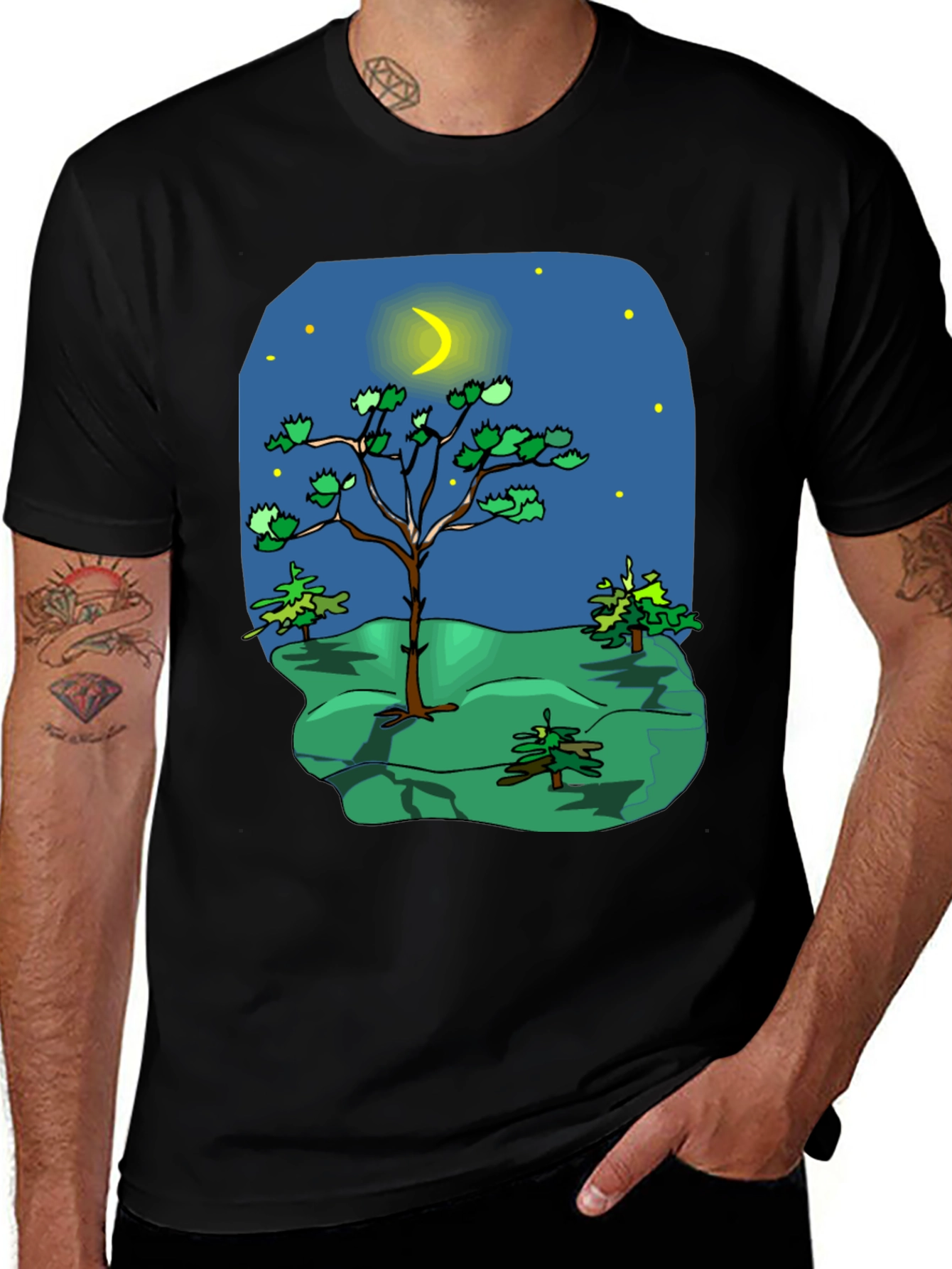 Cartoon Nature Scene Black T-Shirt