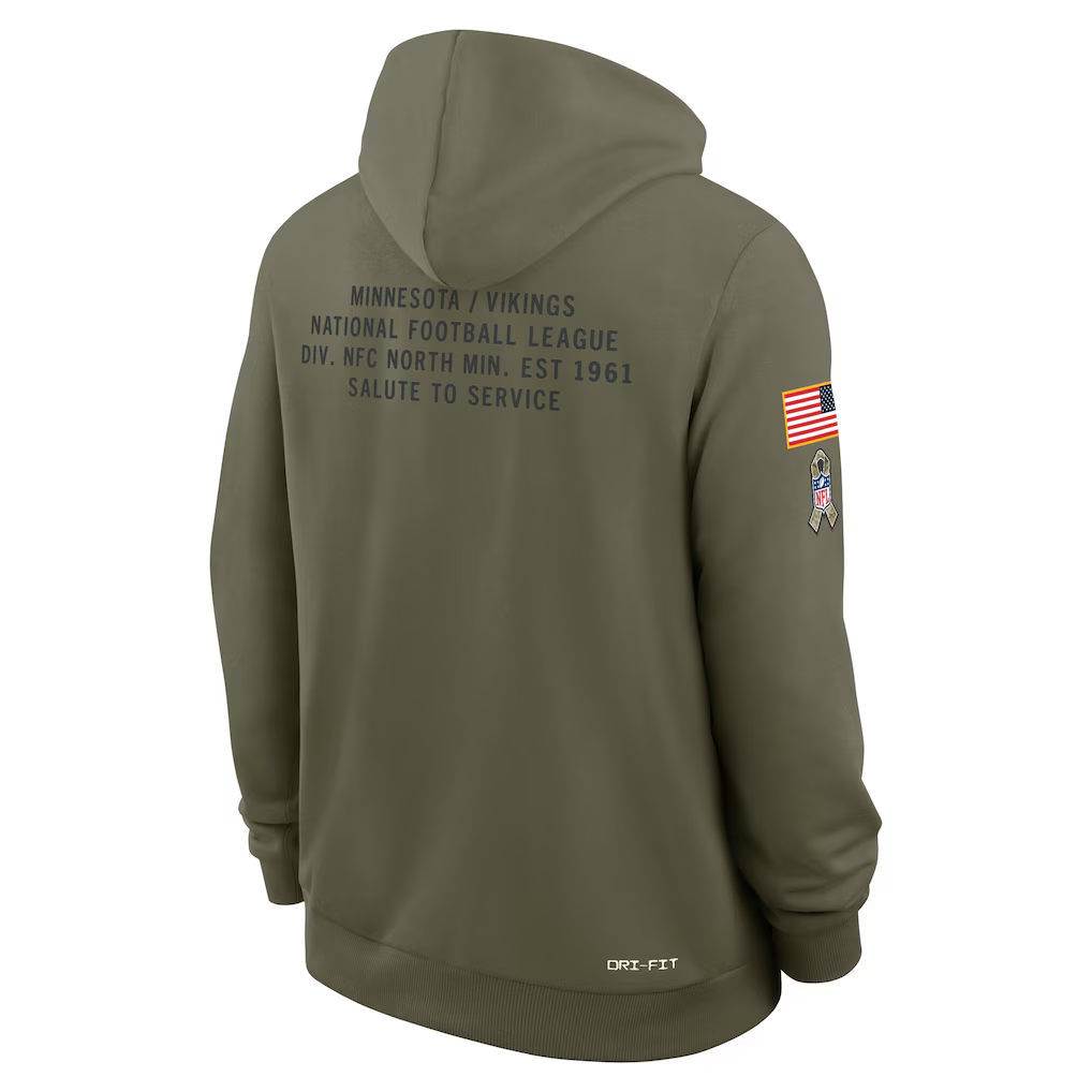 Men's Minnesota Vikings Nike Olive 2025 Salute to Service Sideline Standard Issue Dri-FIT Hoodie