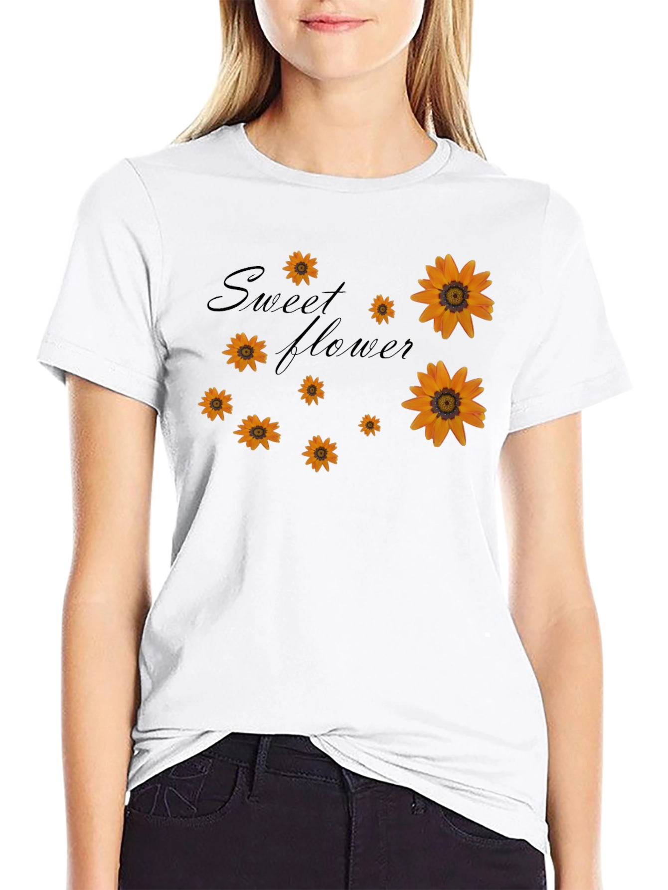 Sweet Flower Graphic Print Black T-Shirt