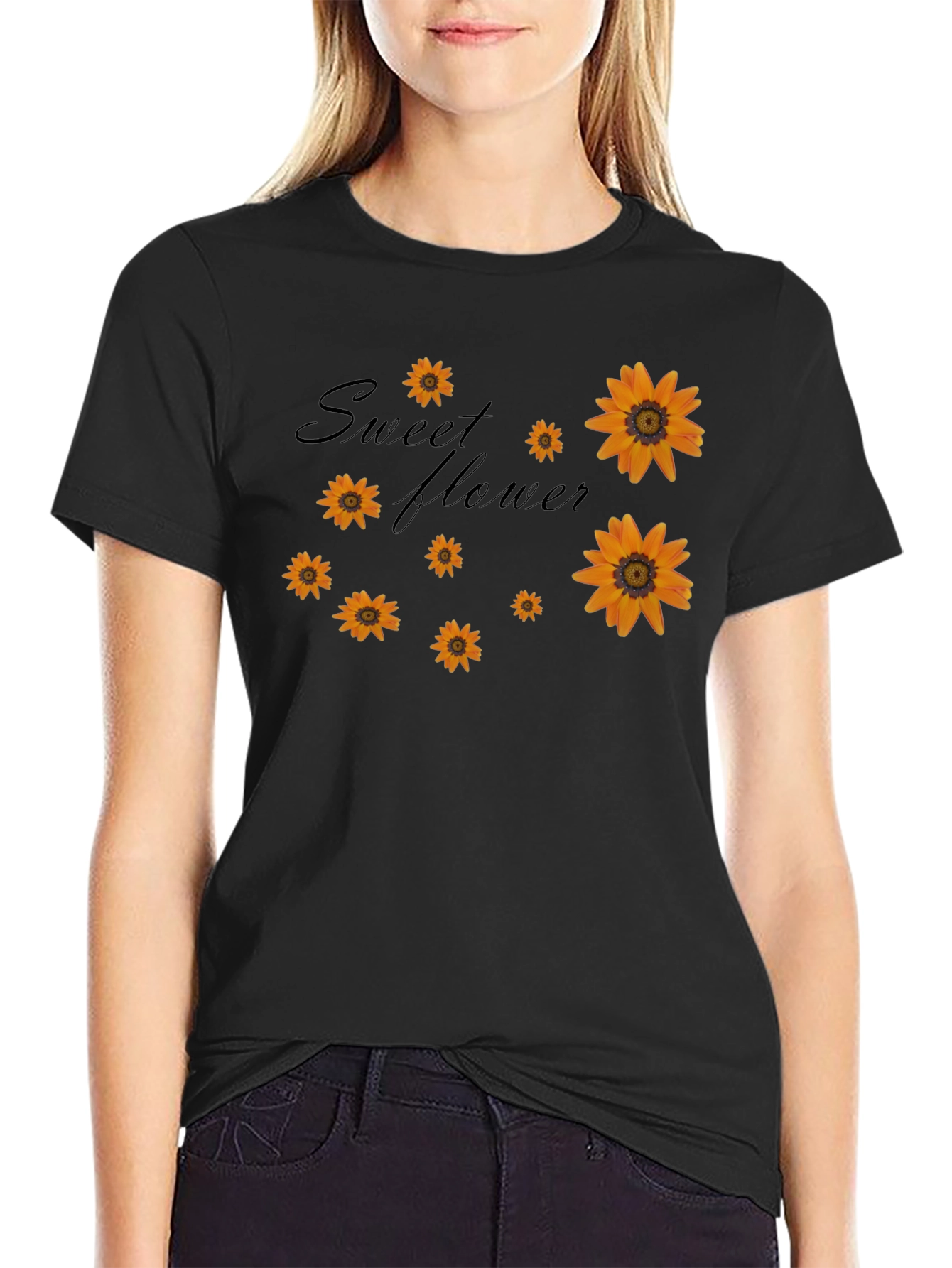 Sweet Flower Graphic Print Black T-Shirt