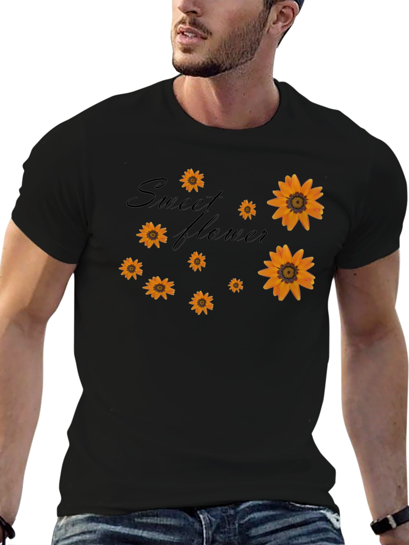 Sweet Flower Graphic Print Black T-Shirt