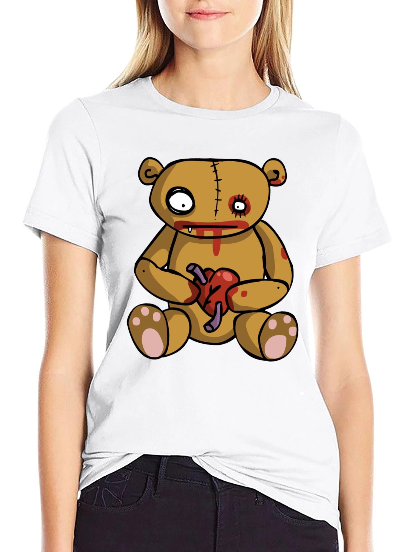 Zombie Teddy Bear Heart Graphic Black T-Shirt