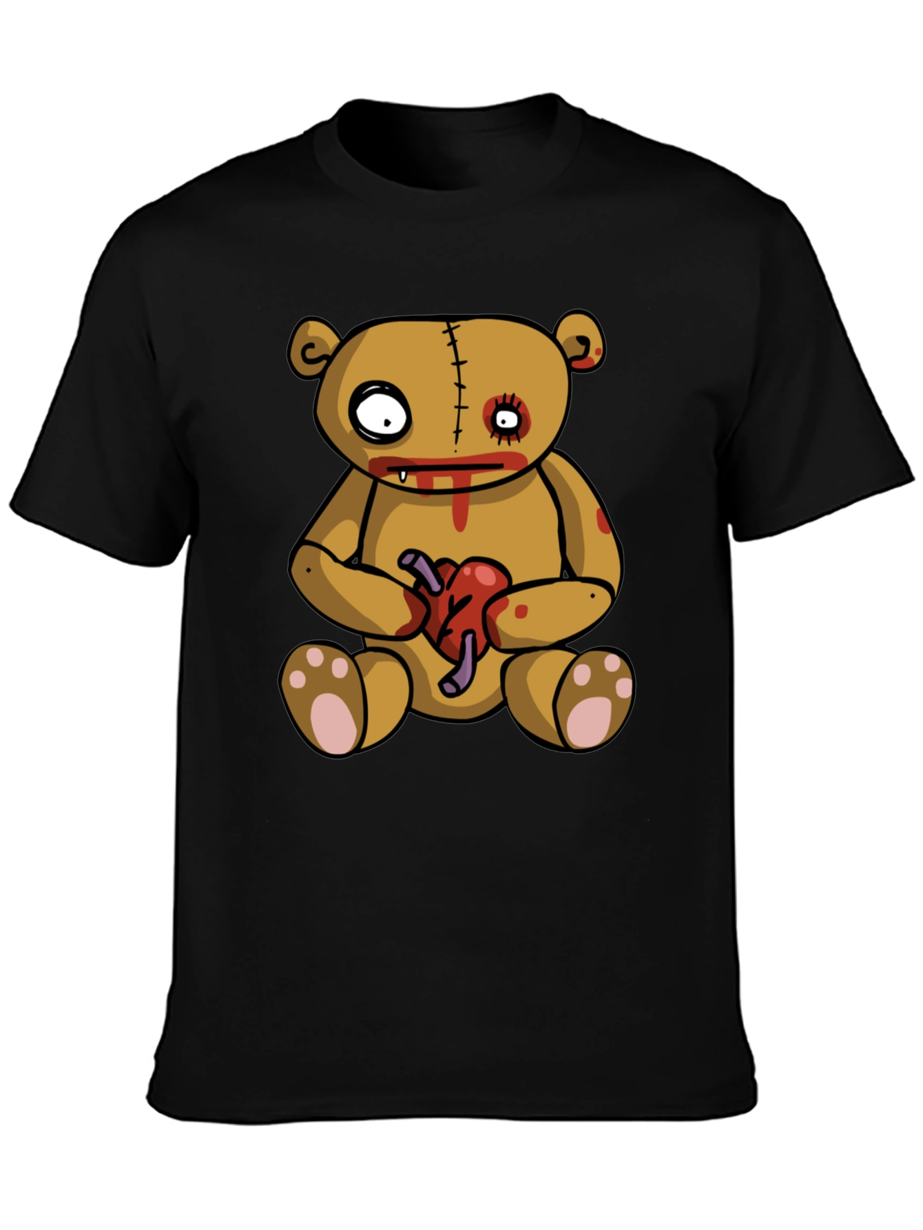 Zombie Teddy Bear Heart Graphic Black T-Shirt