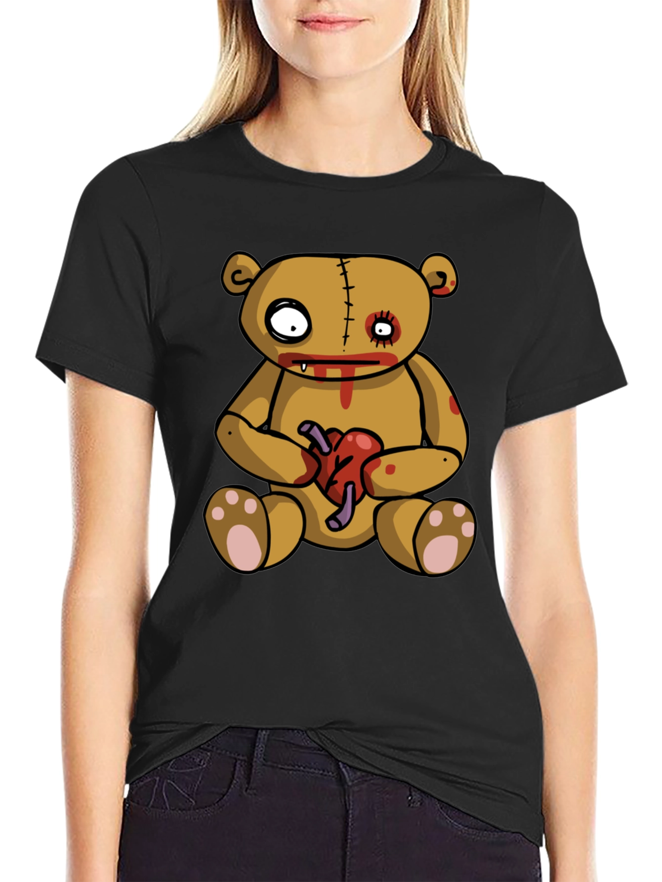 Zombie Teddy Bear Heart Graphic Black T-Shirt