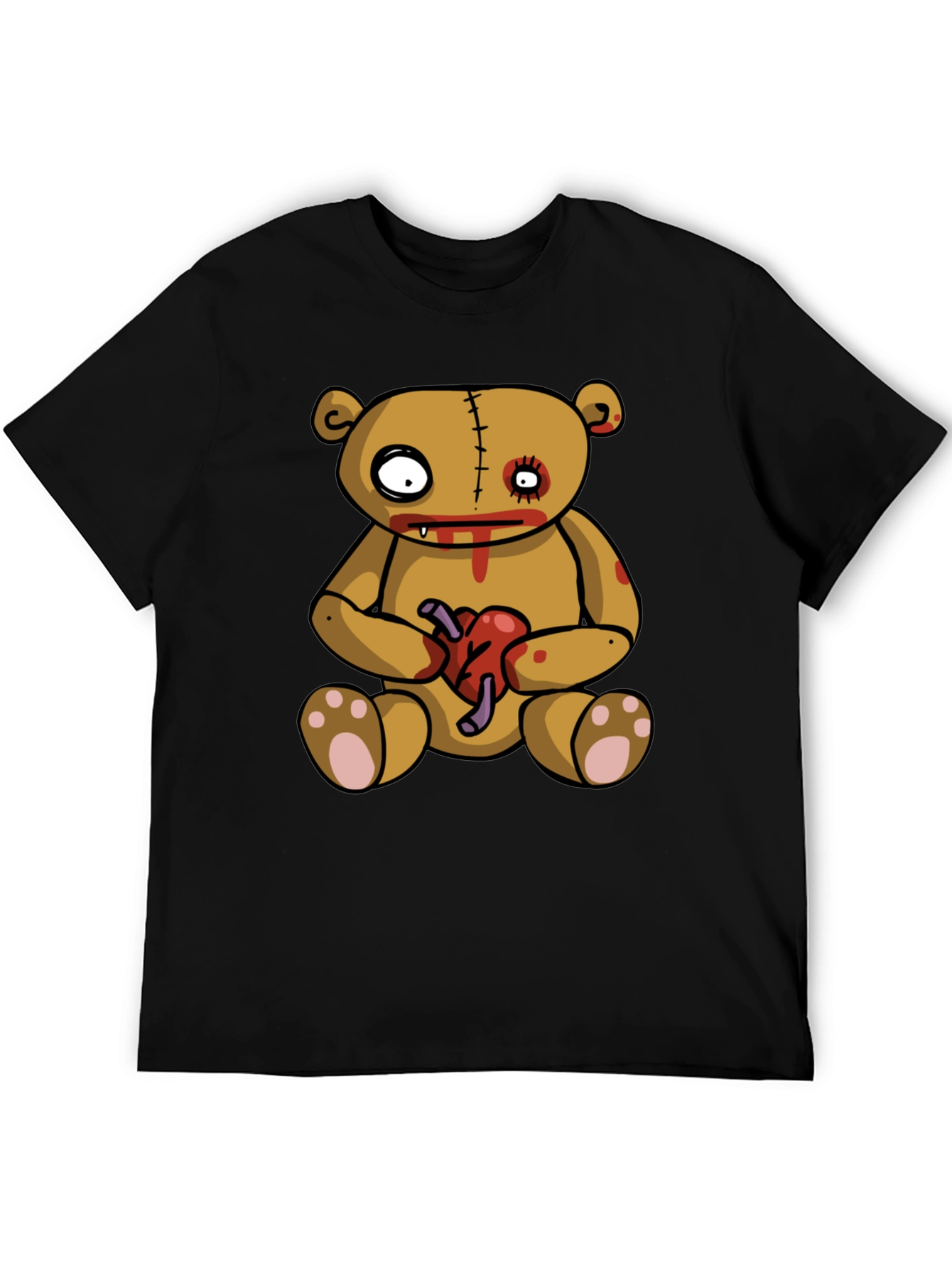 Zombie Teddy Bear Heart Graphic Black T-Shirt