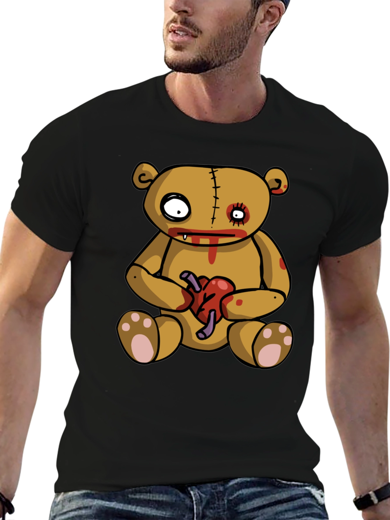 Zombie Teddy Bear Heart Graphic Black T-Shirt