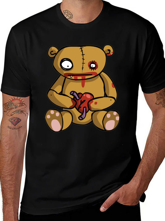 Zombie Teddy Bear Heart Graphic Black T-Shirt