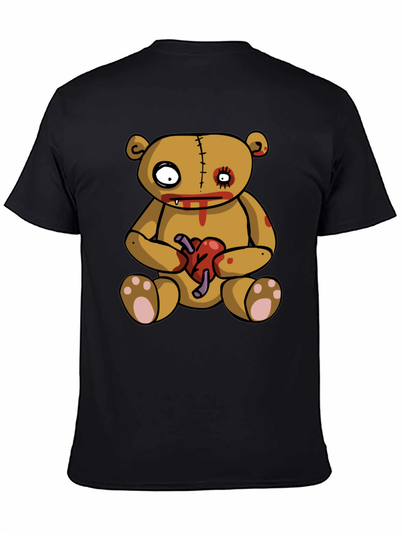 Zombie Teddy Bear Heart Graphic Black T-Shirt