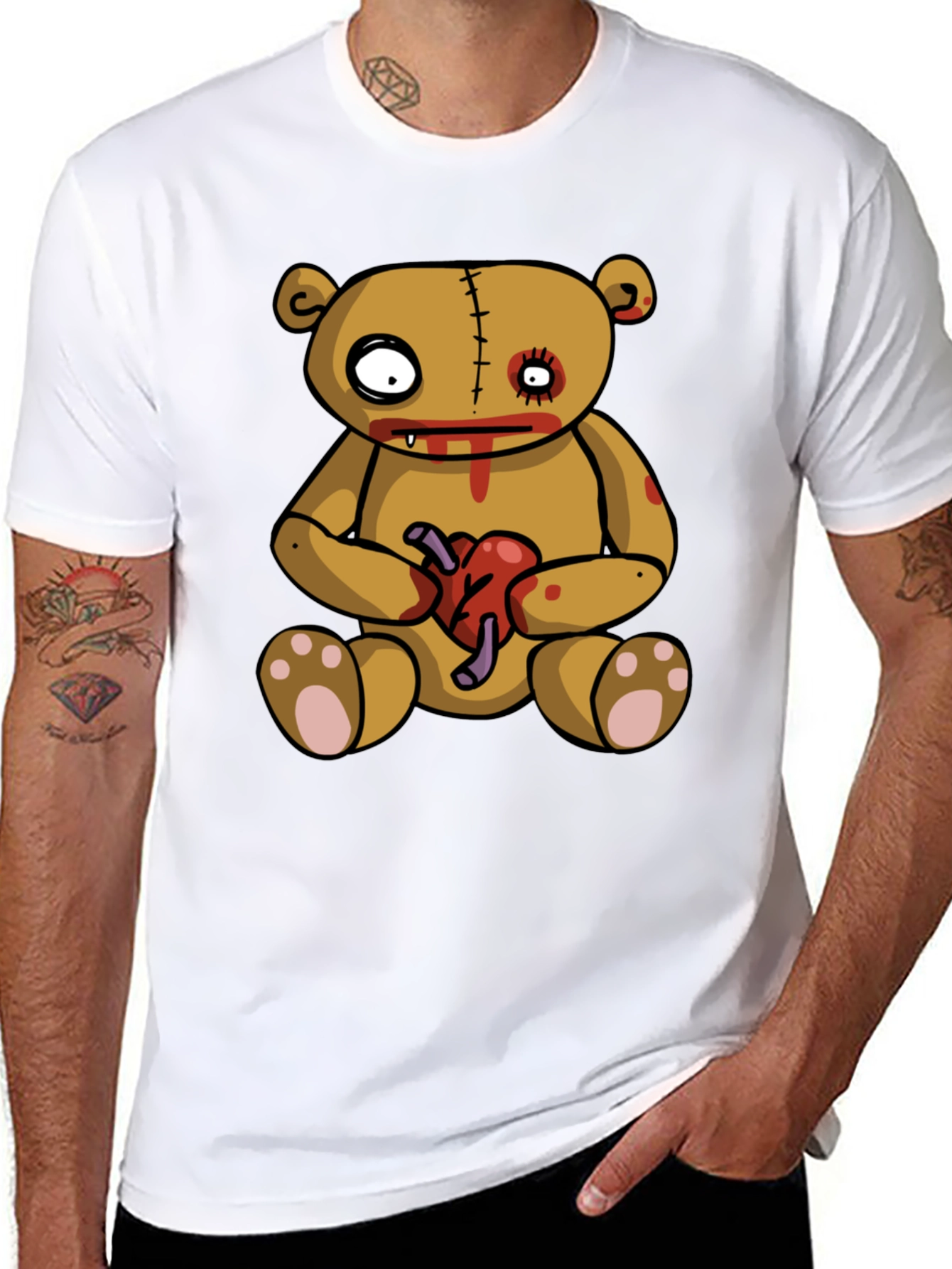 Zombie Teddy Bear Heart Graphic Black T-Shirt