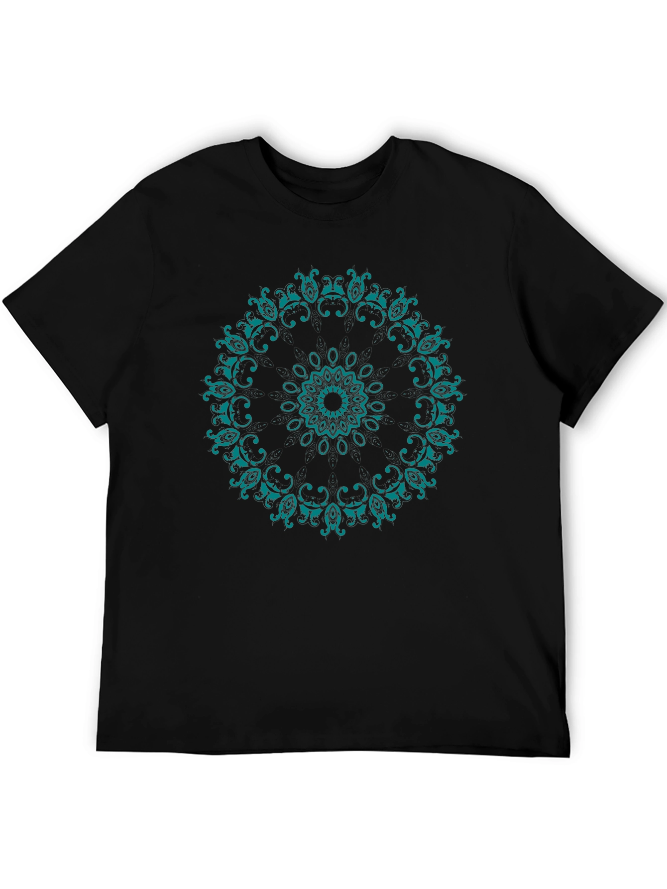 Mens Black T-Shirt with Teal Mandala Design
