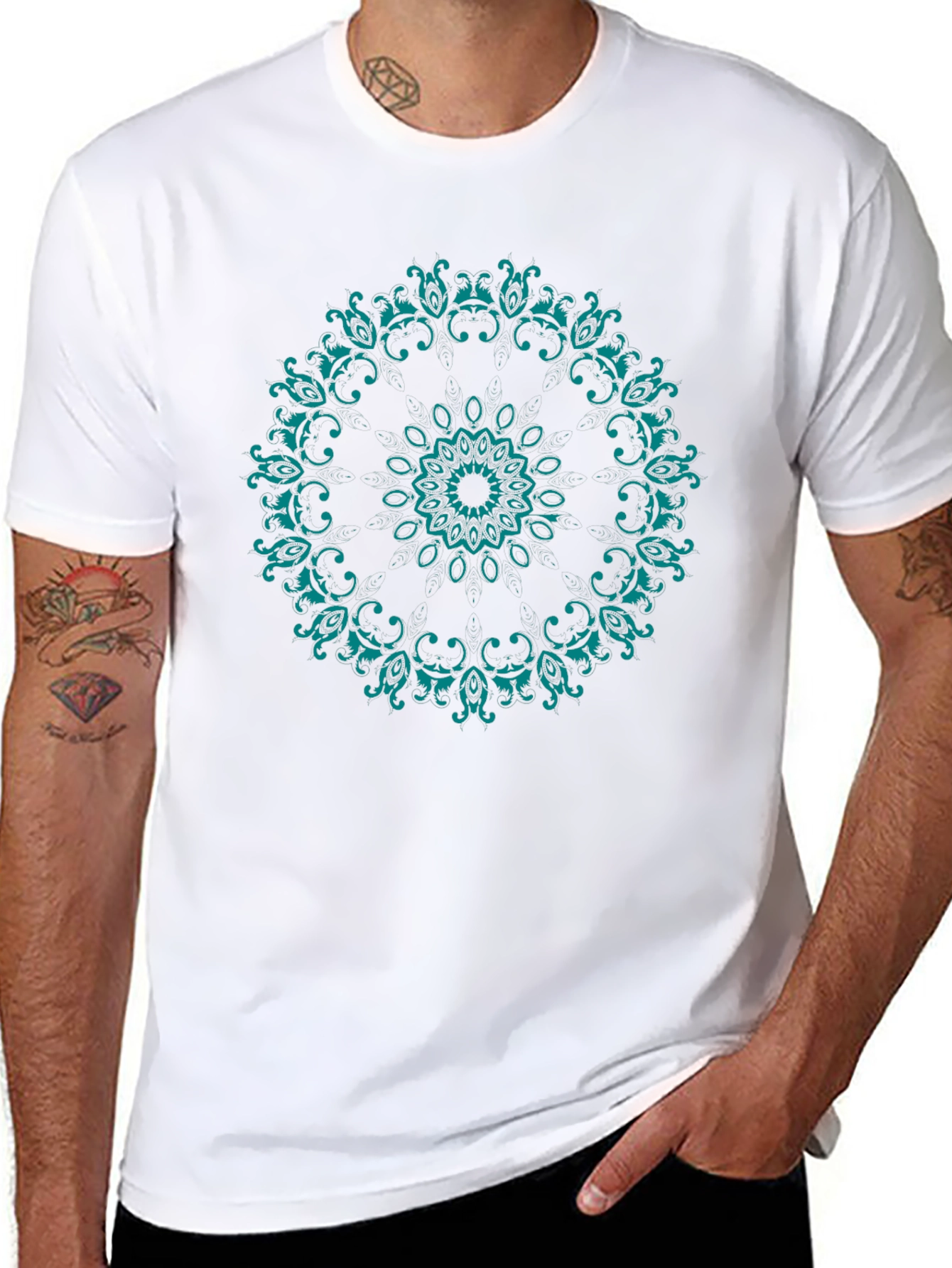 Mens Black T-Shirt with Teal Mandala Design