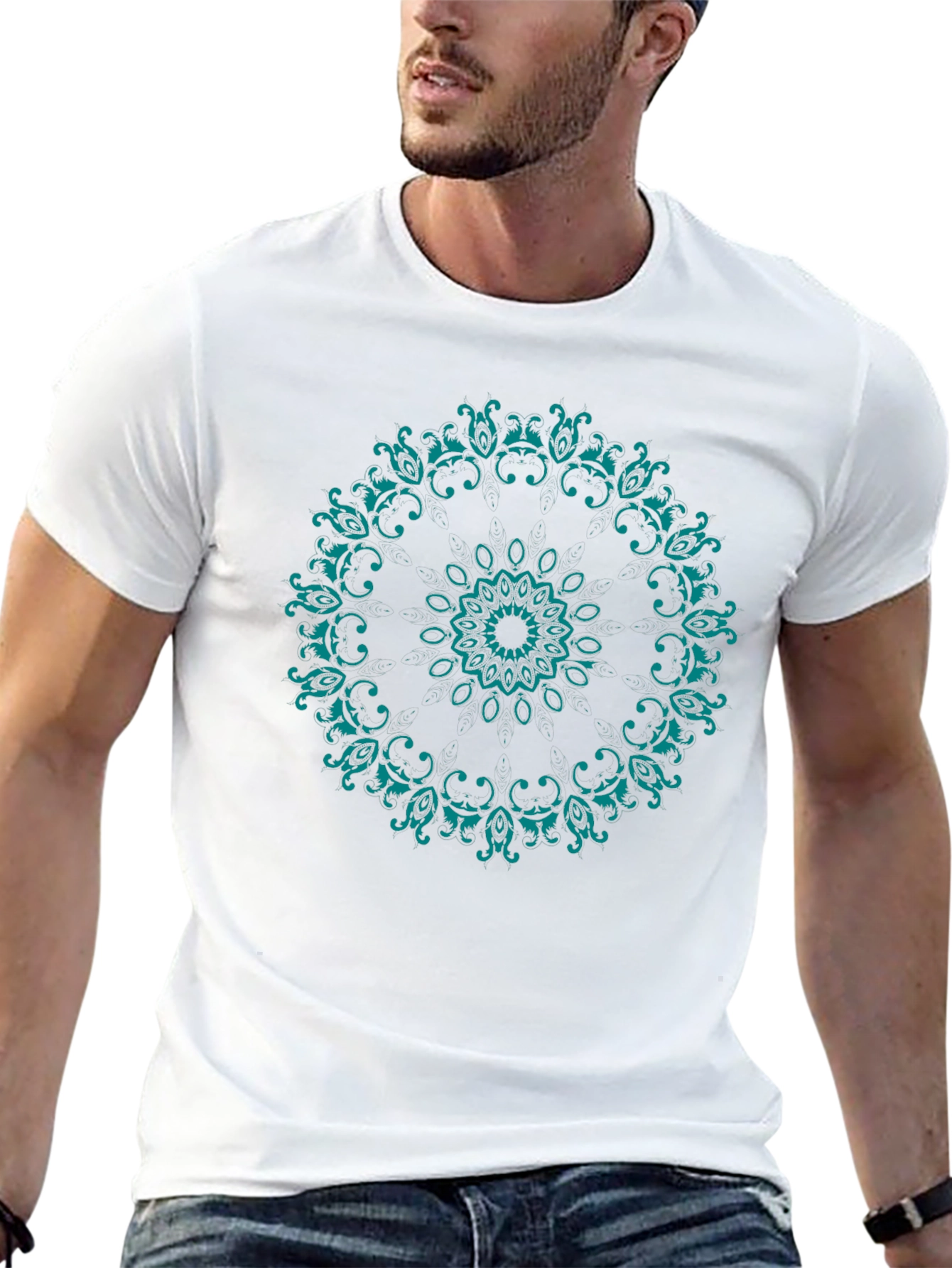 Mens Black T-Shirt with Teal Mandala Design