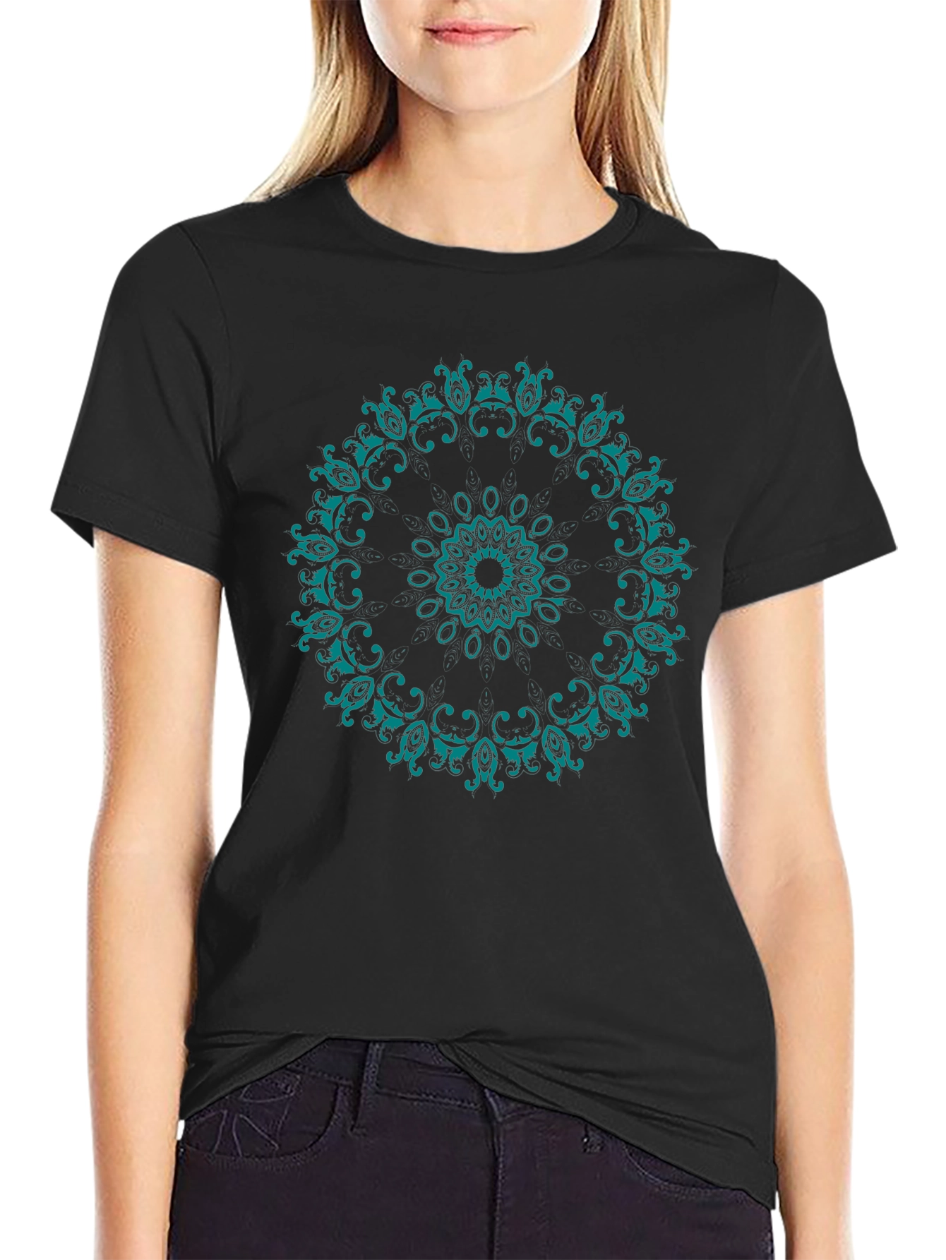 Mens Black T-Shirt with Teal Mandala Design