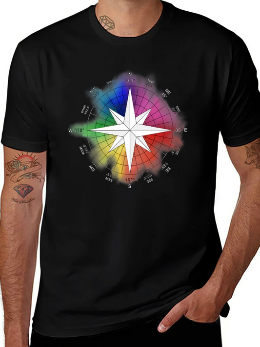 Rainbow Compass Star Graphic T-Shirt - Stylish Black Tee