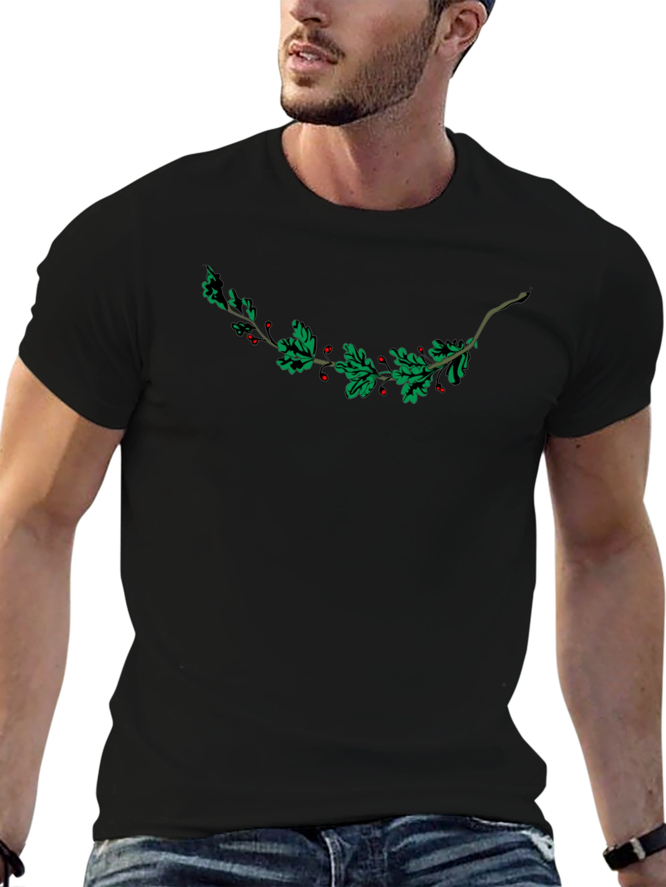 Festive Holly Berry Branch Graphic Tee - Black