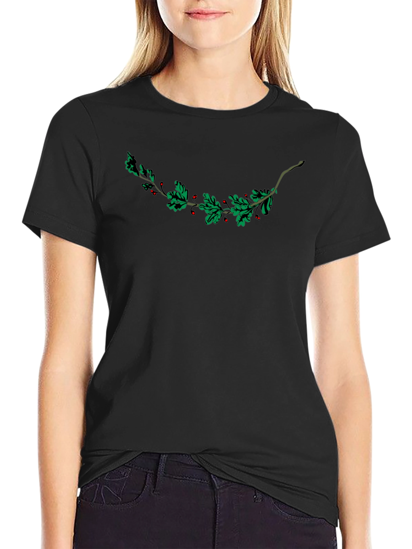 Festive Holly Berry Branch Graphic Tee - Black