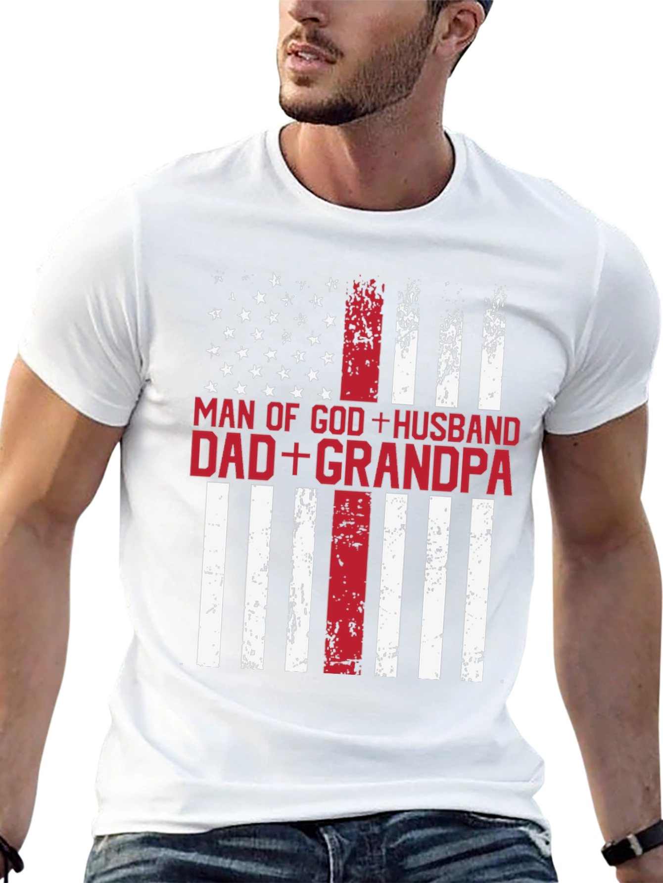 Man of God Husband Dad Grandpa Flag T-Shirt