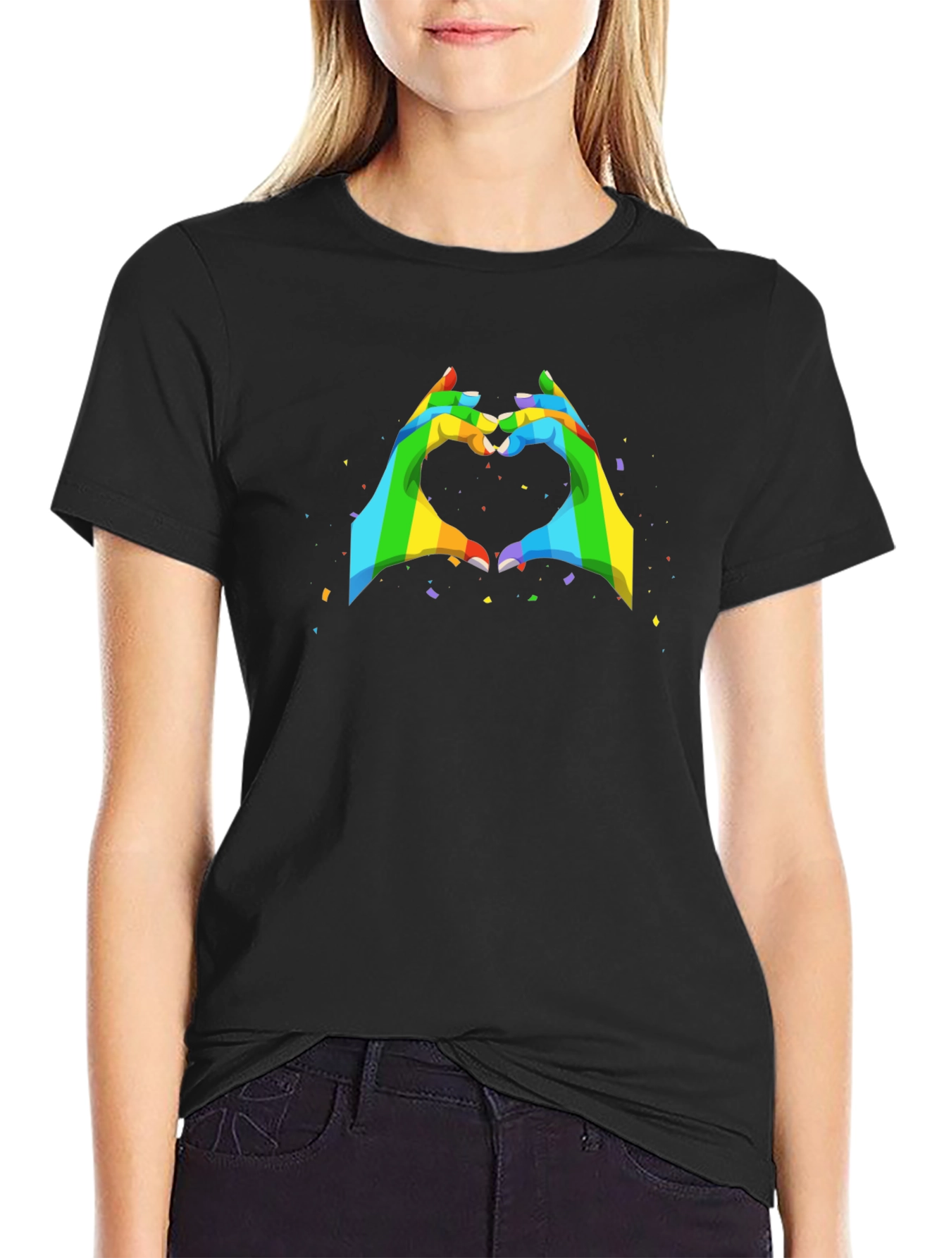 Rainbow Heart Hands Graphic Tee - Black