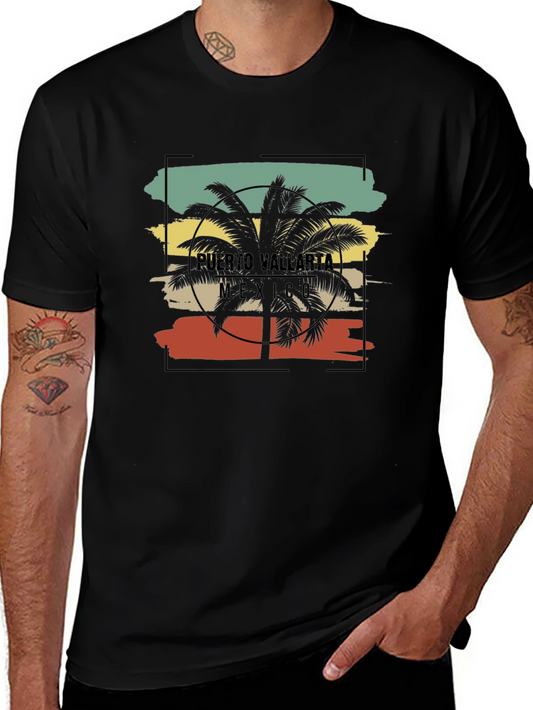 Puerto Vallarta Retro Palm Tree Black T-Shirt