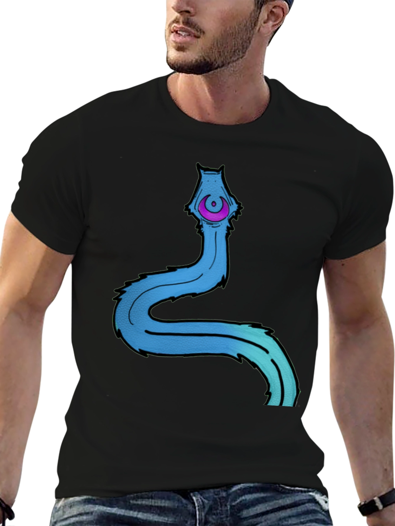 Mens Black T-Shirt with Cartoon Worm Graphic
