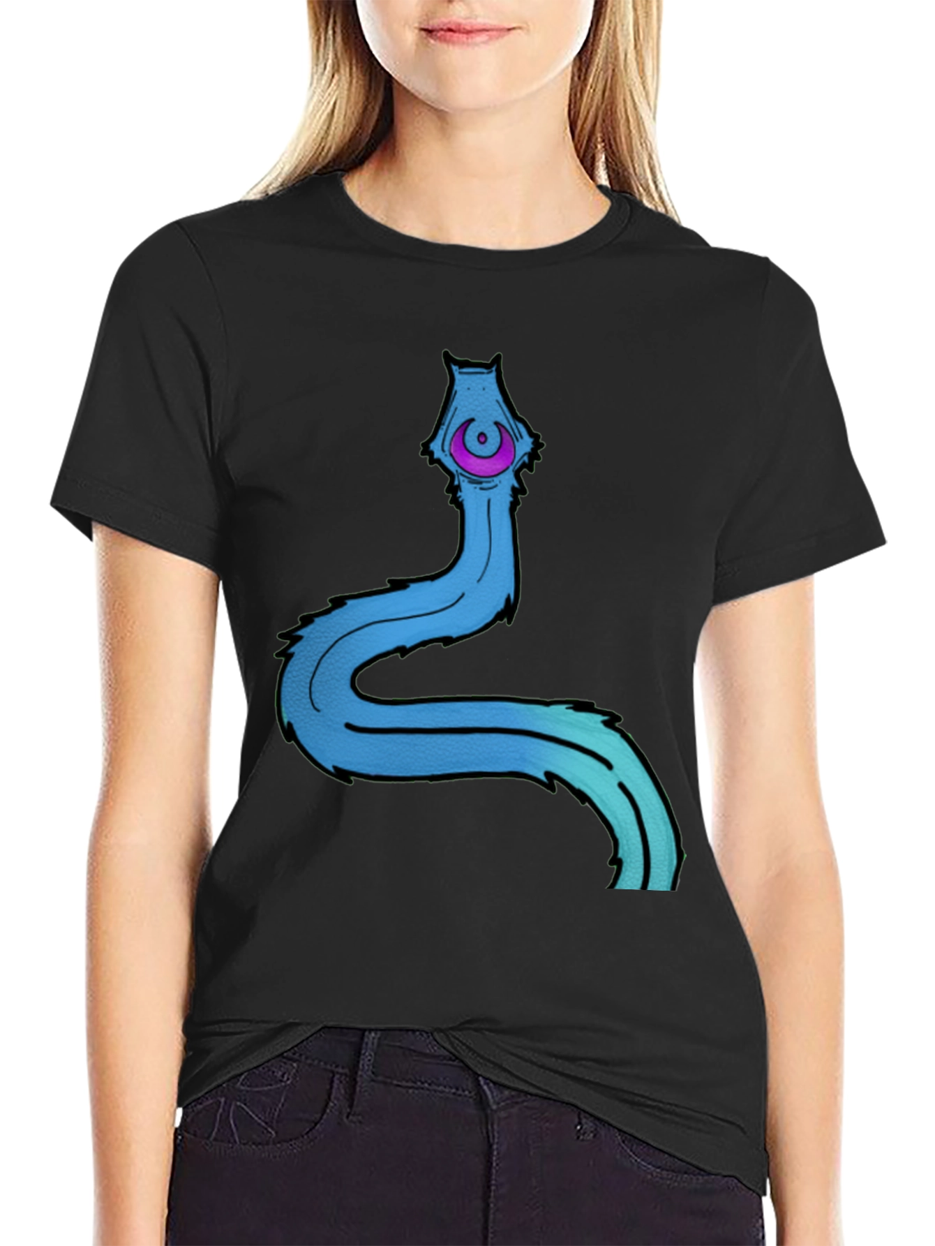 Mens Black T-Shirt with Cartoon Worm Graphic
