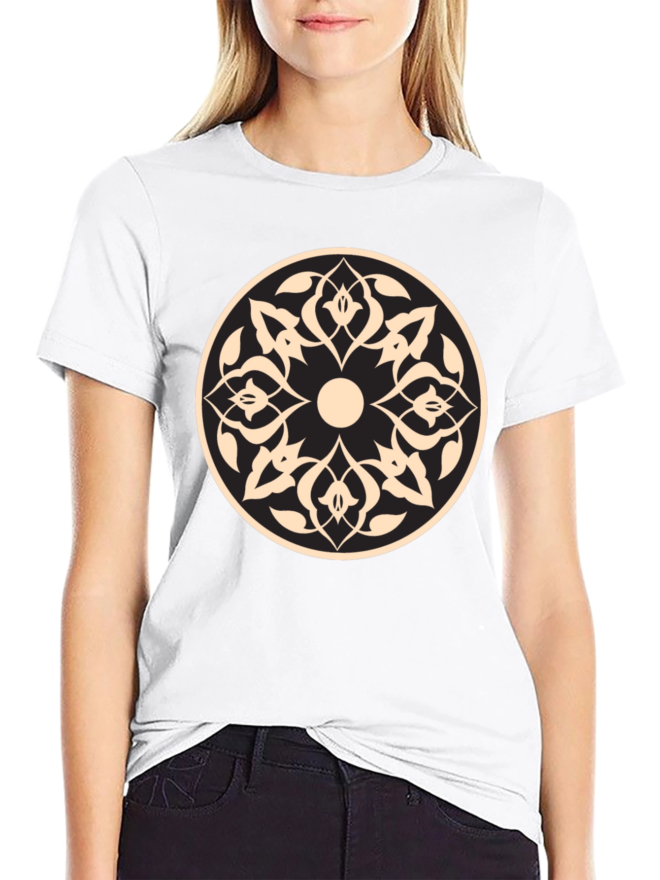 Black T-Shirt with Beige Geometric Mandala Design