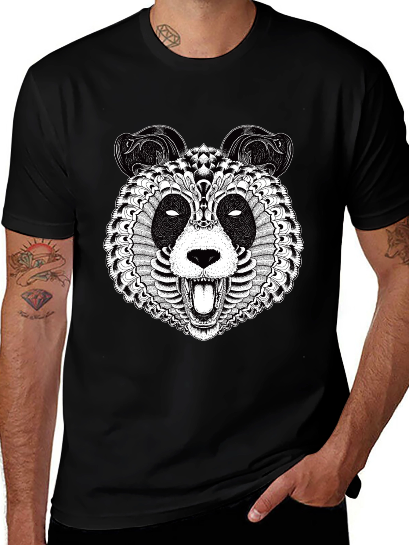 Intricate Panda Graphic T-Shirt - Black