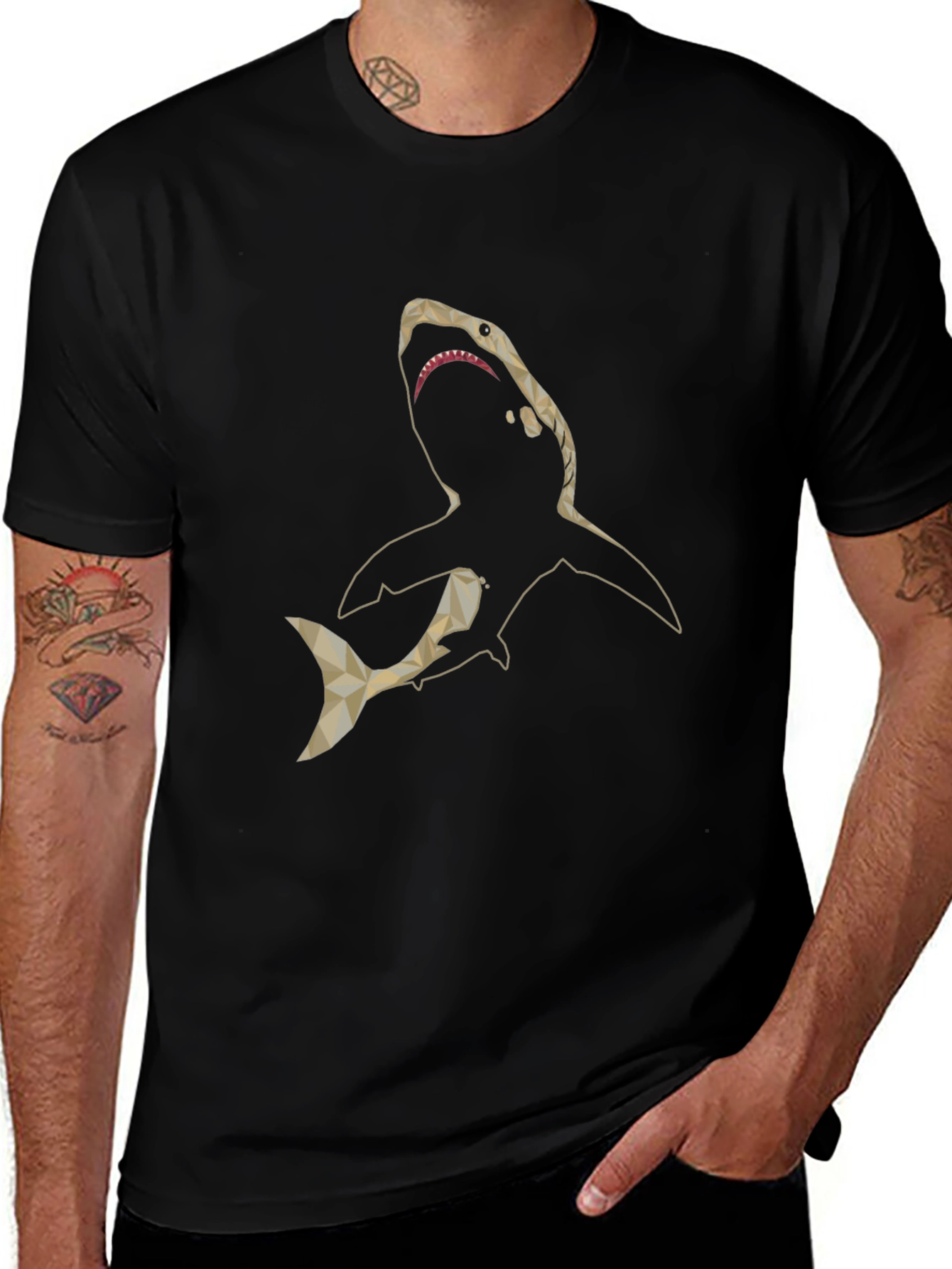 Geometric Shark Graphic Print Black T-Shirt
