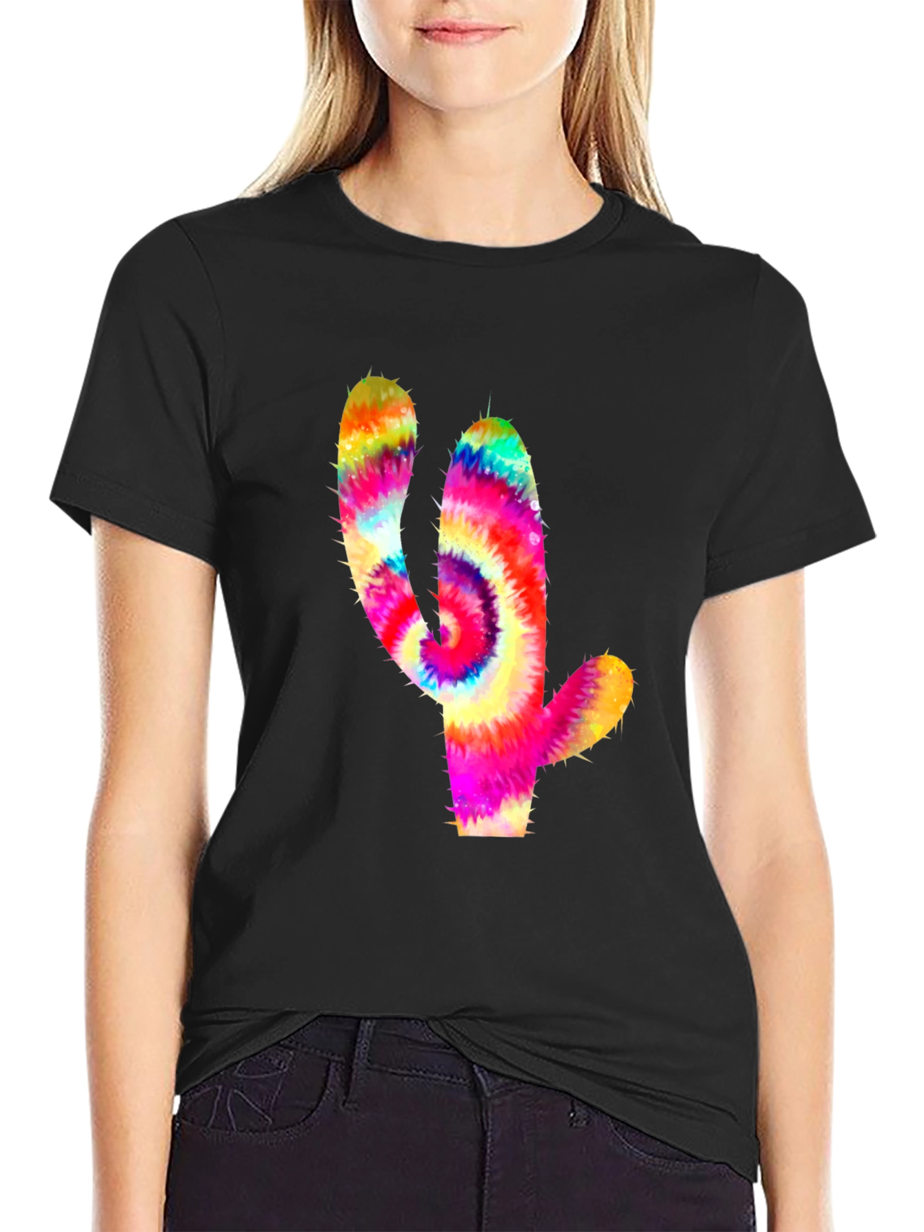Tie-Dye Cactus Graphic Tee - Mens Black T-Shirt