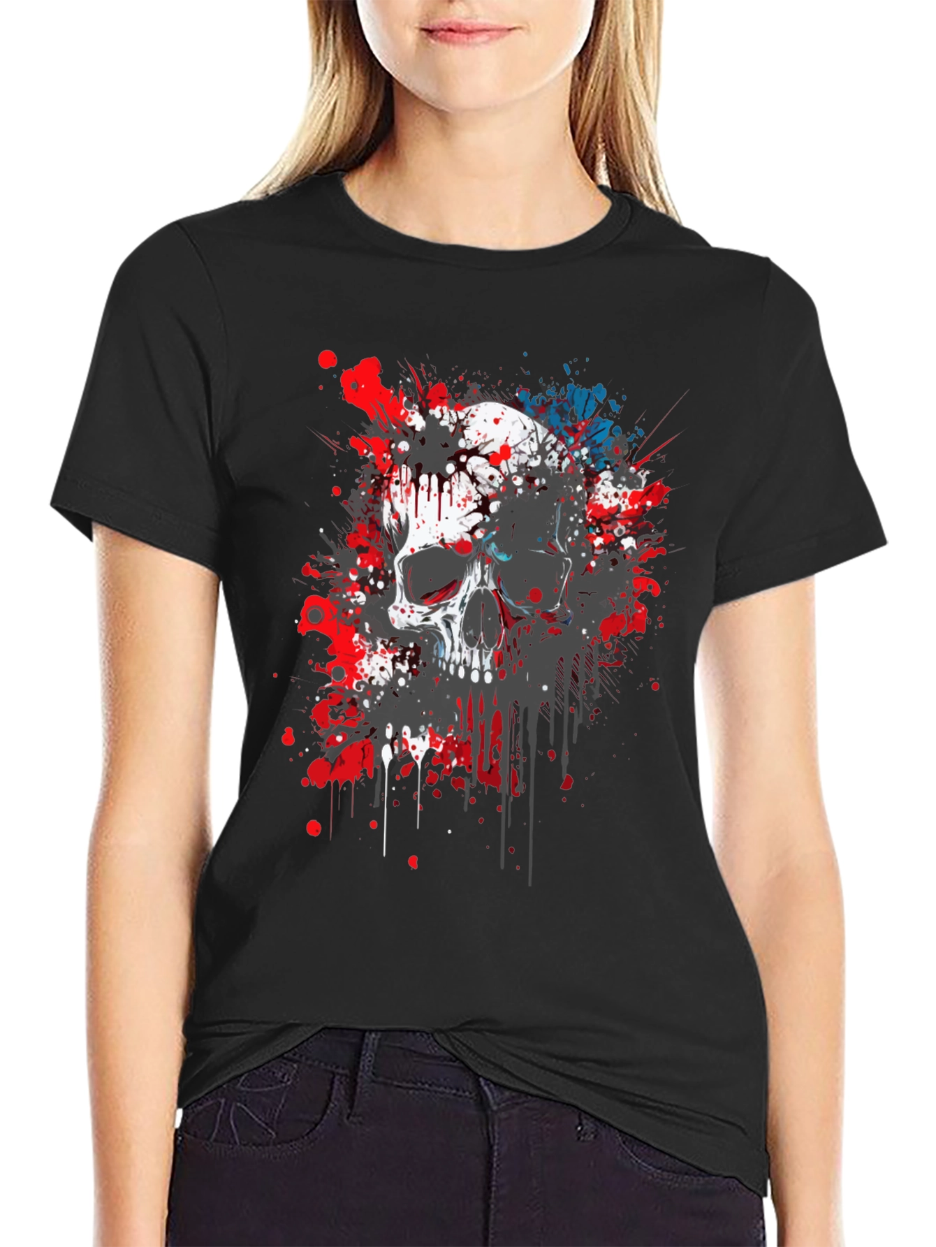 Skull Splatter Graphic Print Black T-Shirt