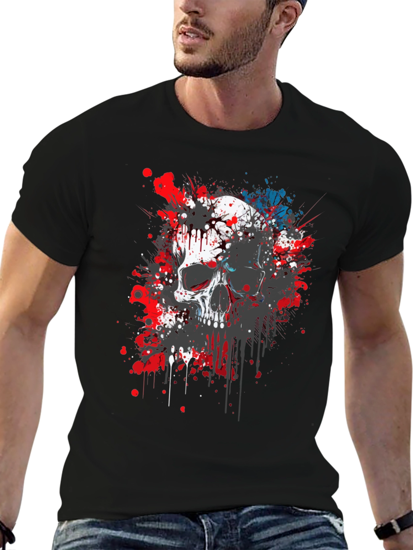 Skull Splatter Graphic Print Black T-Shirt