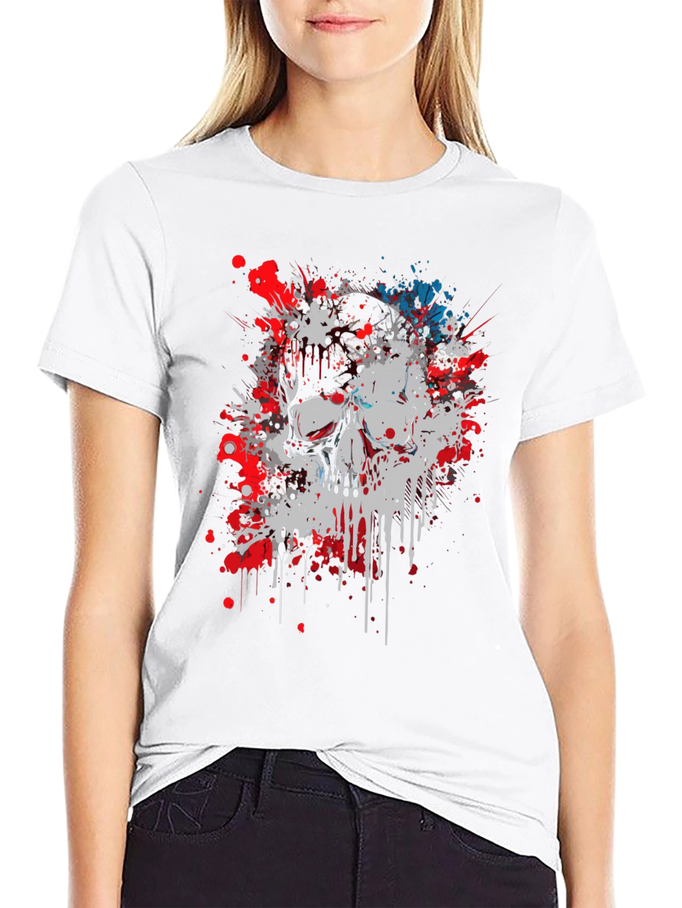 Skull Splatter Graphic Print Black T-Shirt