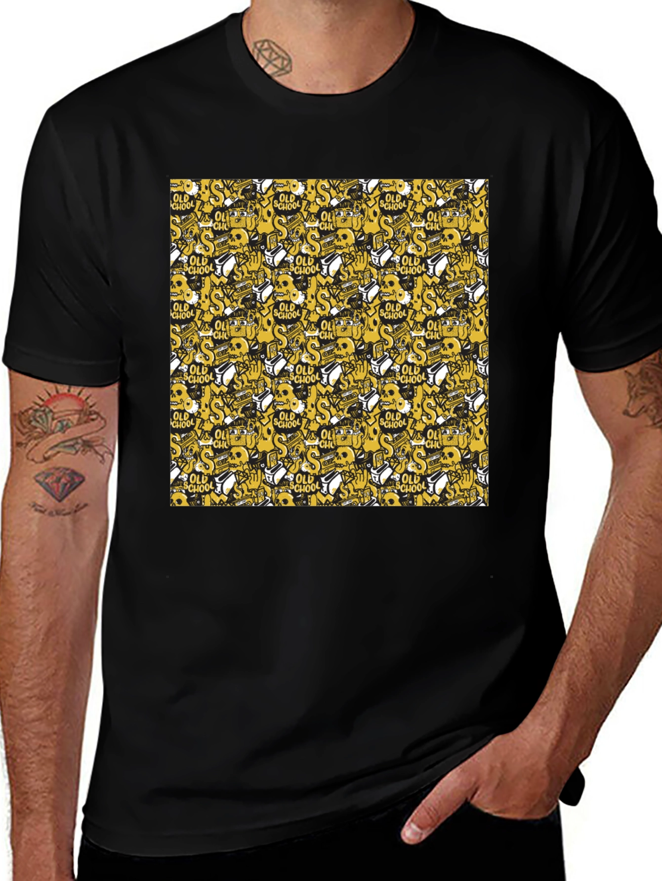 Old School Pattern Black T-Shirt