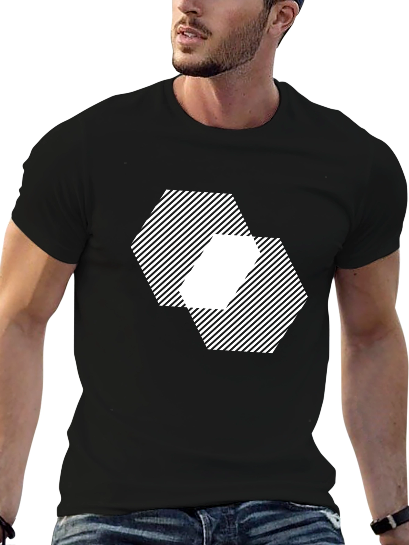 Geometric Hexagon Pattern Black T-Shirt