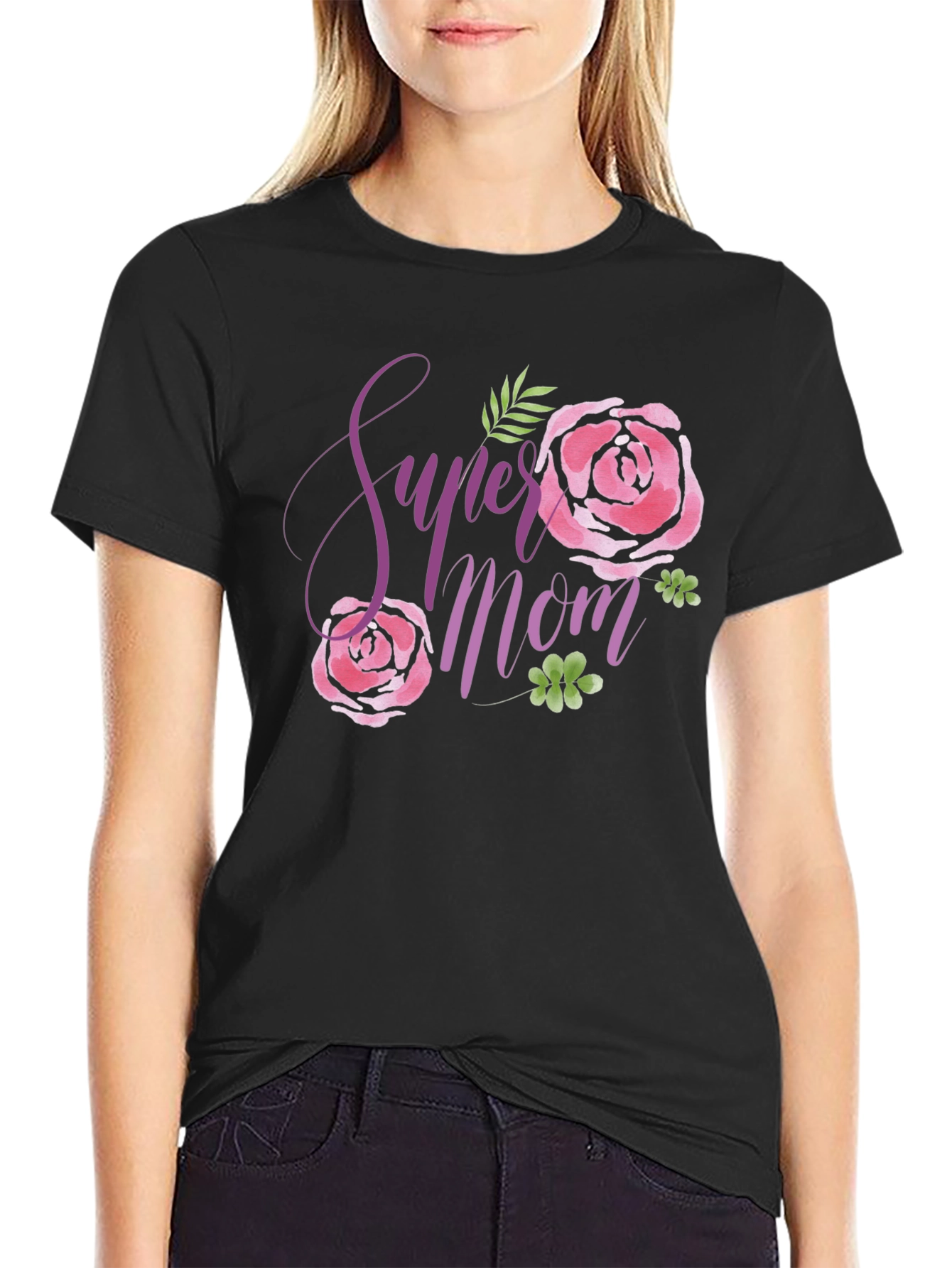 Super Mom Floral Black T-Shirt