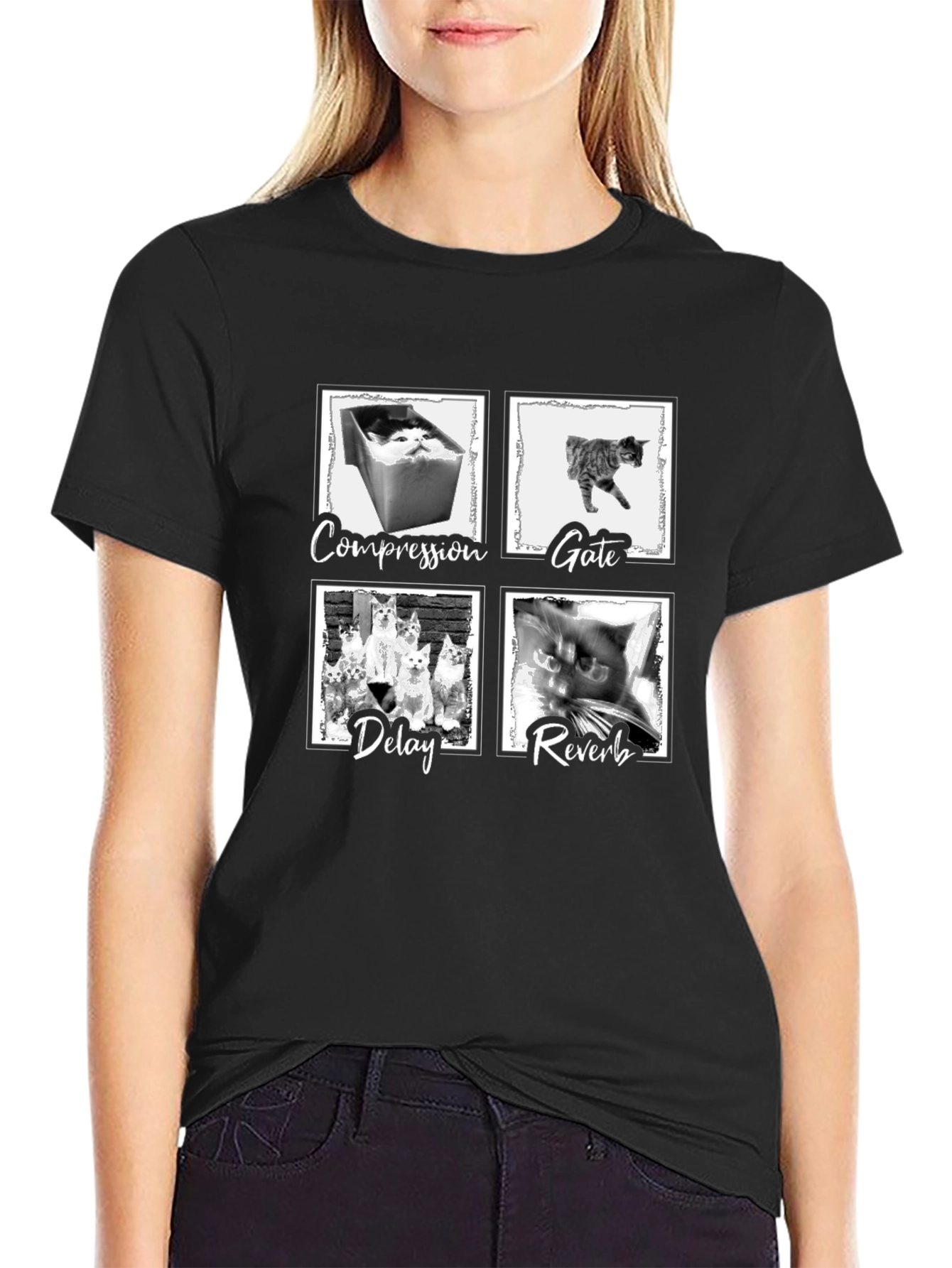 Compression Gate Delay Reverb Cat Black T-Shirt