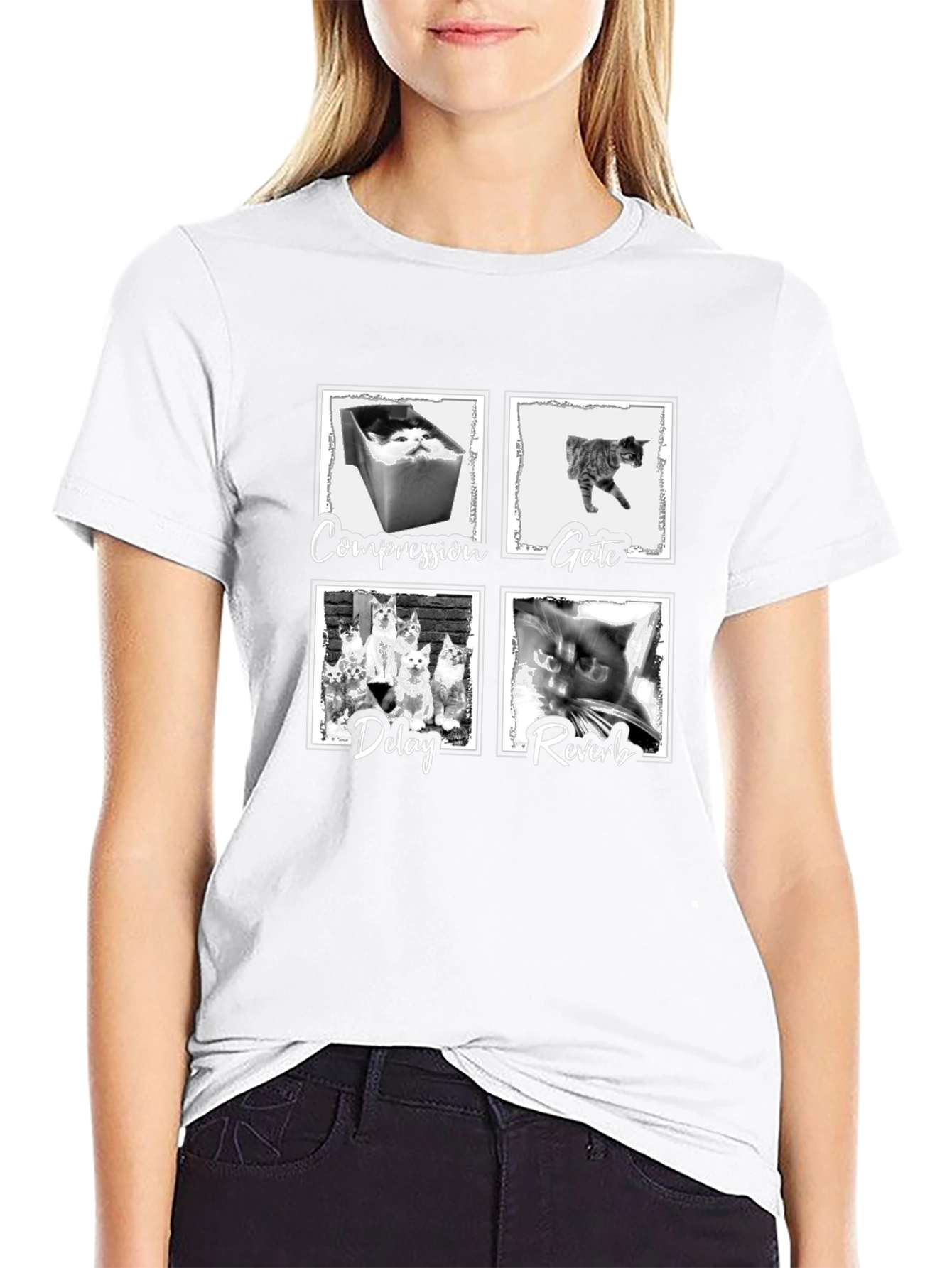 Compression Gate Delay Reverb Cat Black T-Shirt