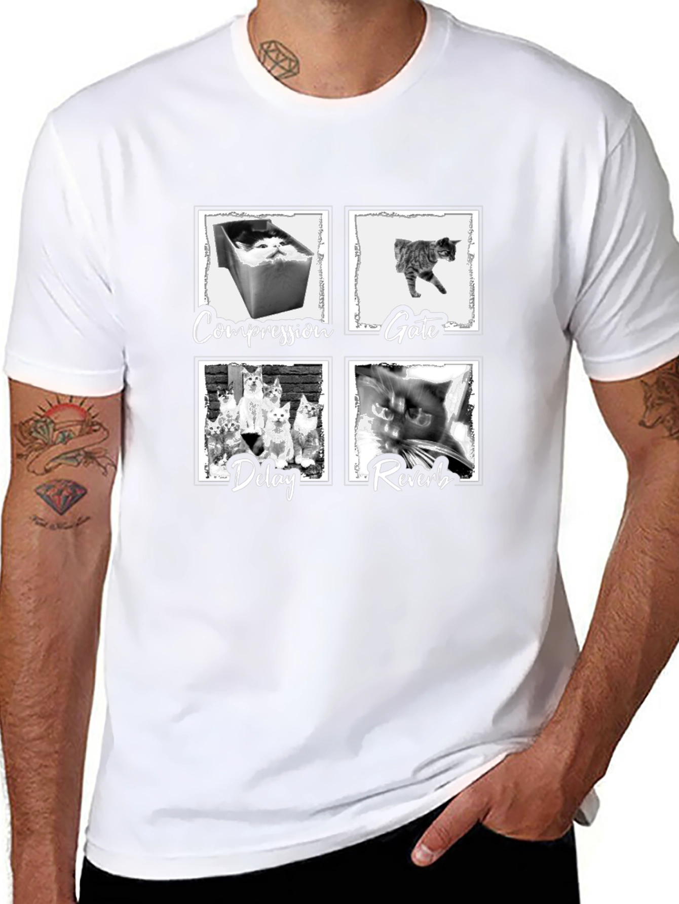 Compression Gate Delay Reverb Cat Black T-Shirt