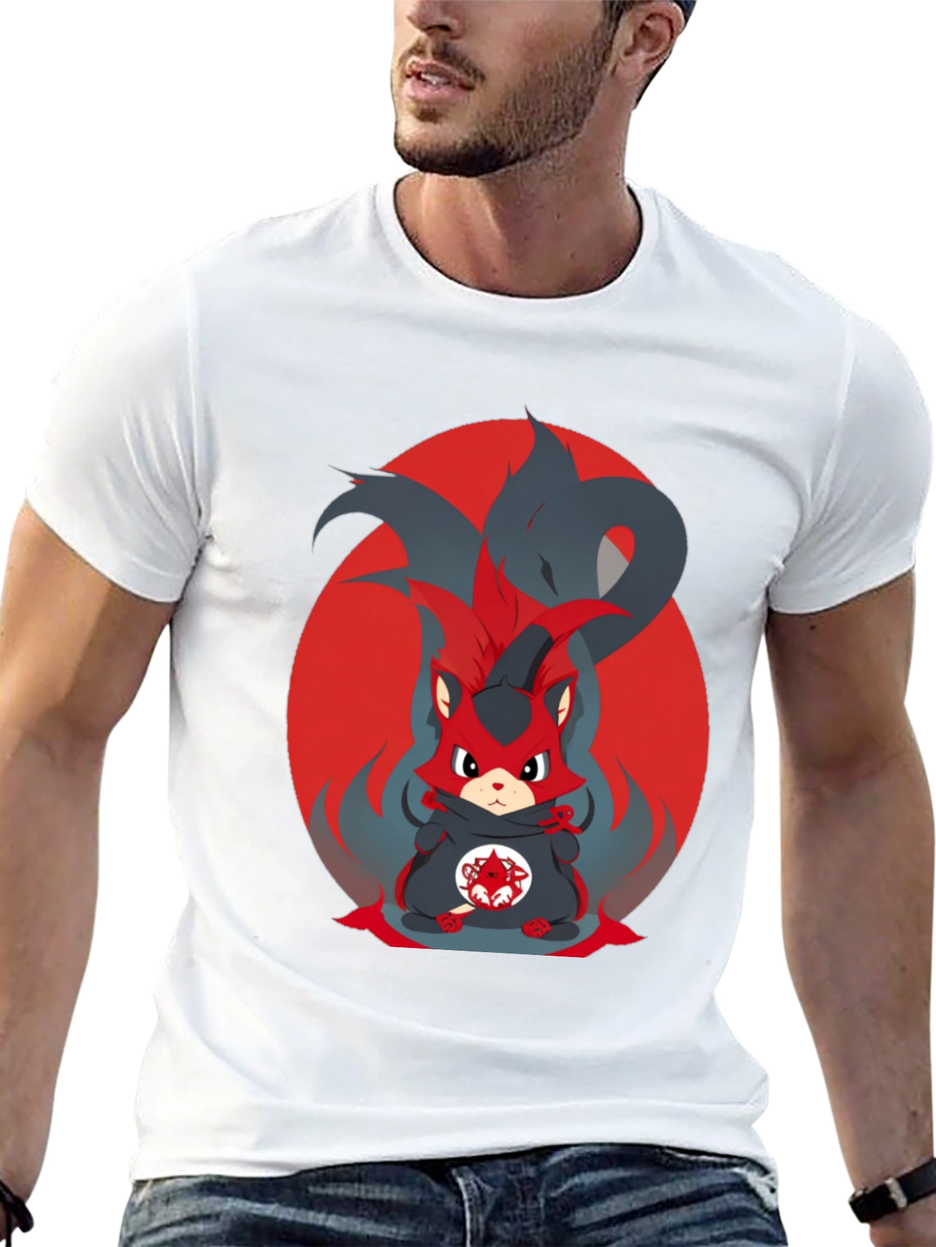 Anime Red Fox Graphic Tee - Mens Black T-Shirt