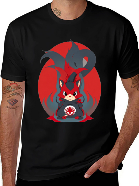 Anime Red Fox Graphic Tee - Mens Black T-Shirt
