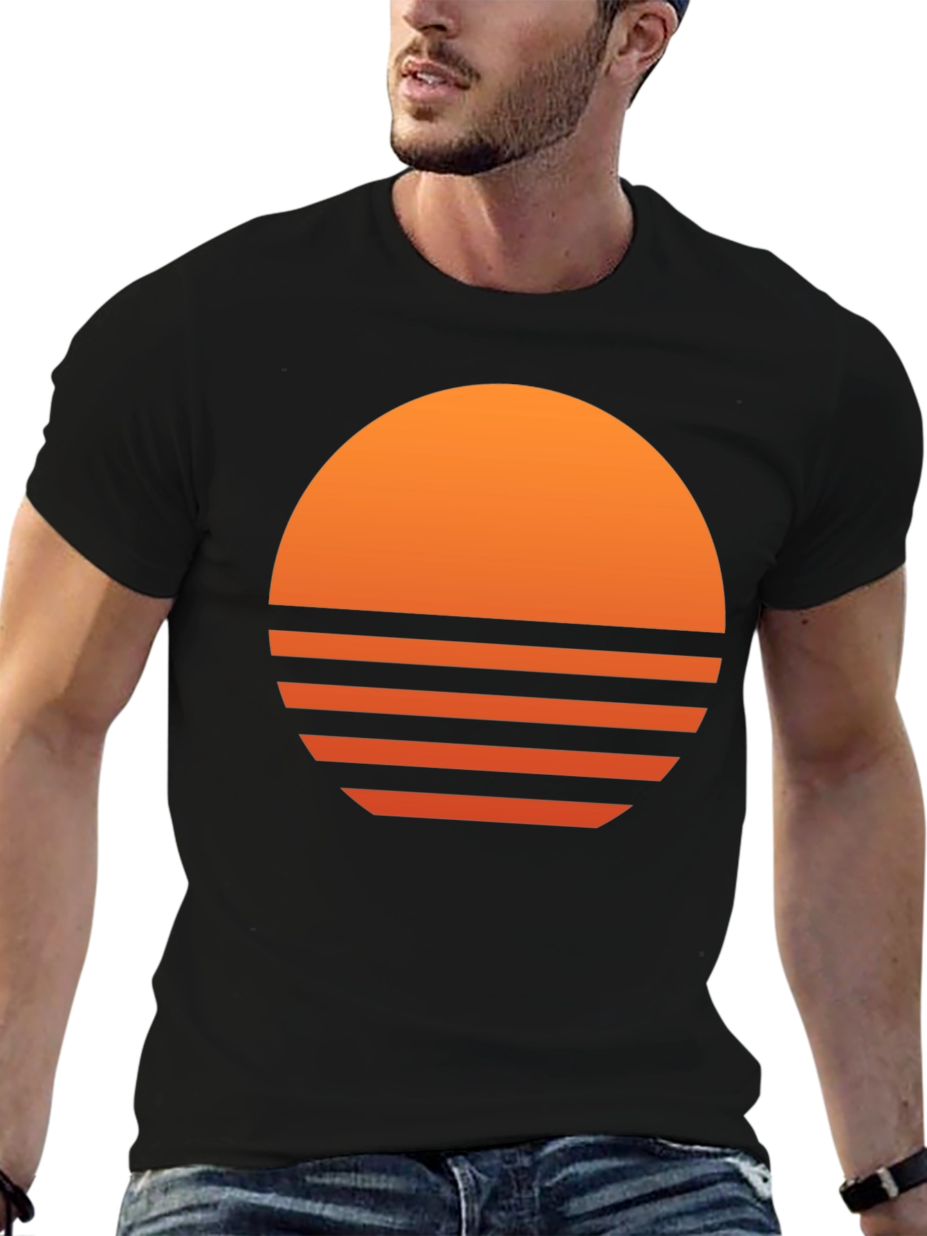 Retro Sunset Graphic Tee - Black Cotton Blend