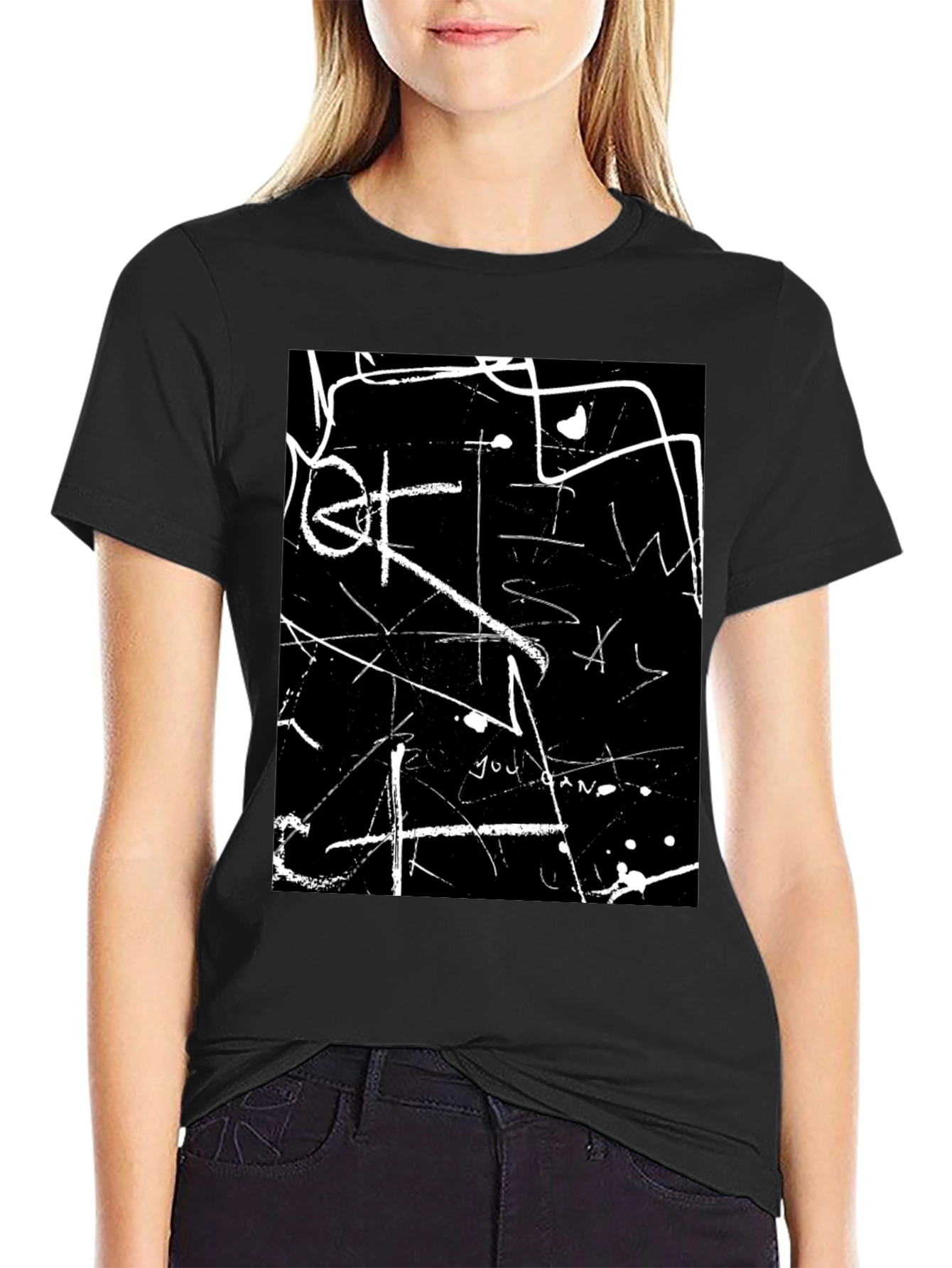 Abstract White Line Art Black T-Shirt