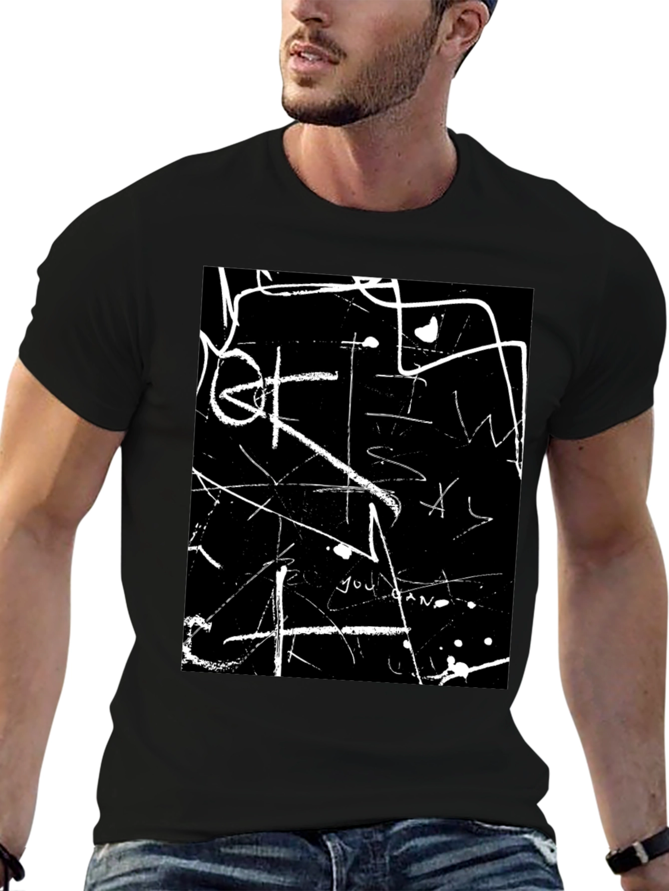 Abstract White Line Art Black T-Shirt