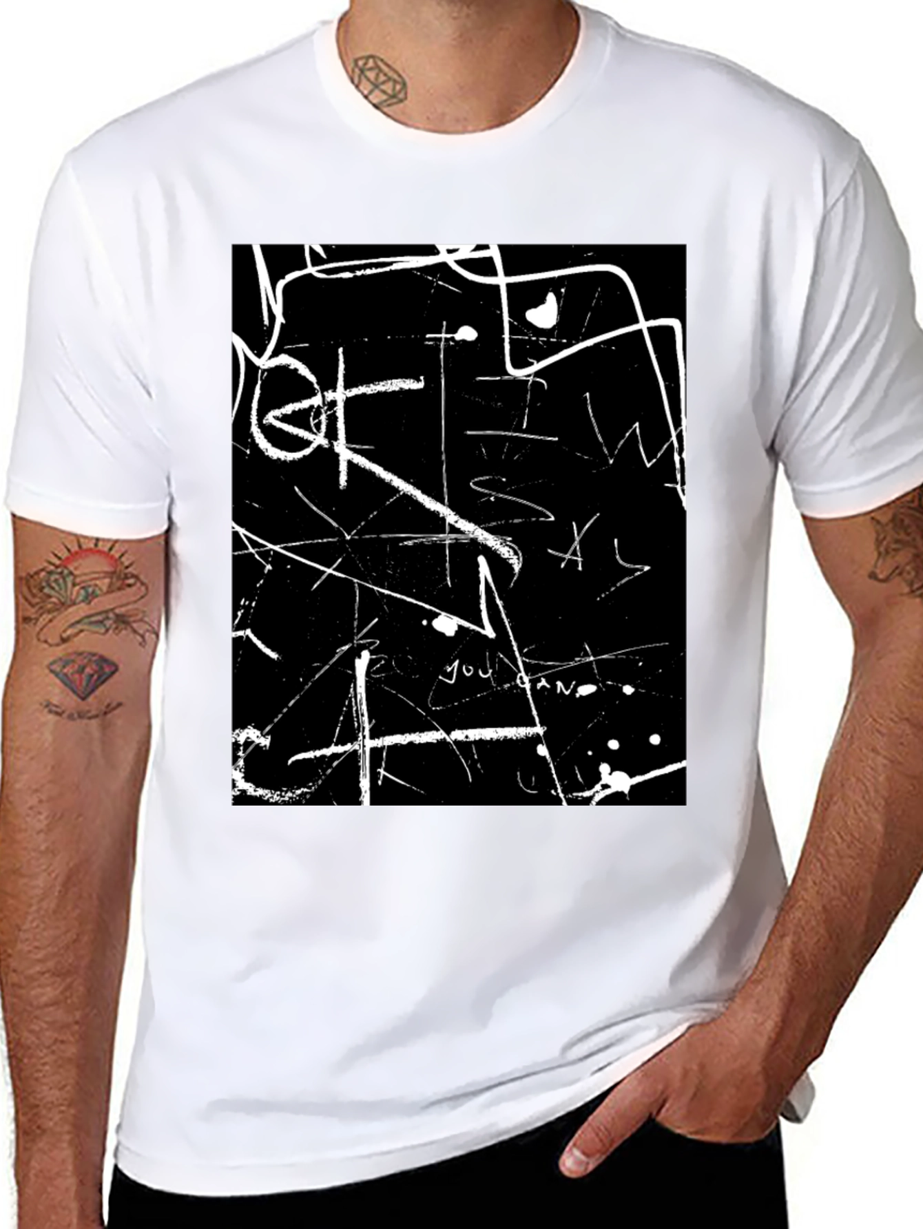 Abstract White Line Art Black T-Shirt