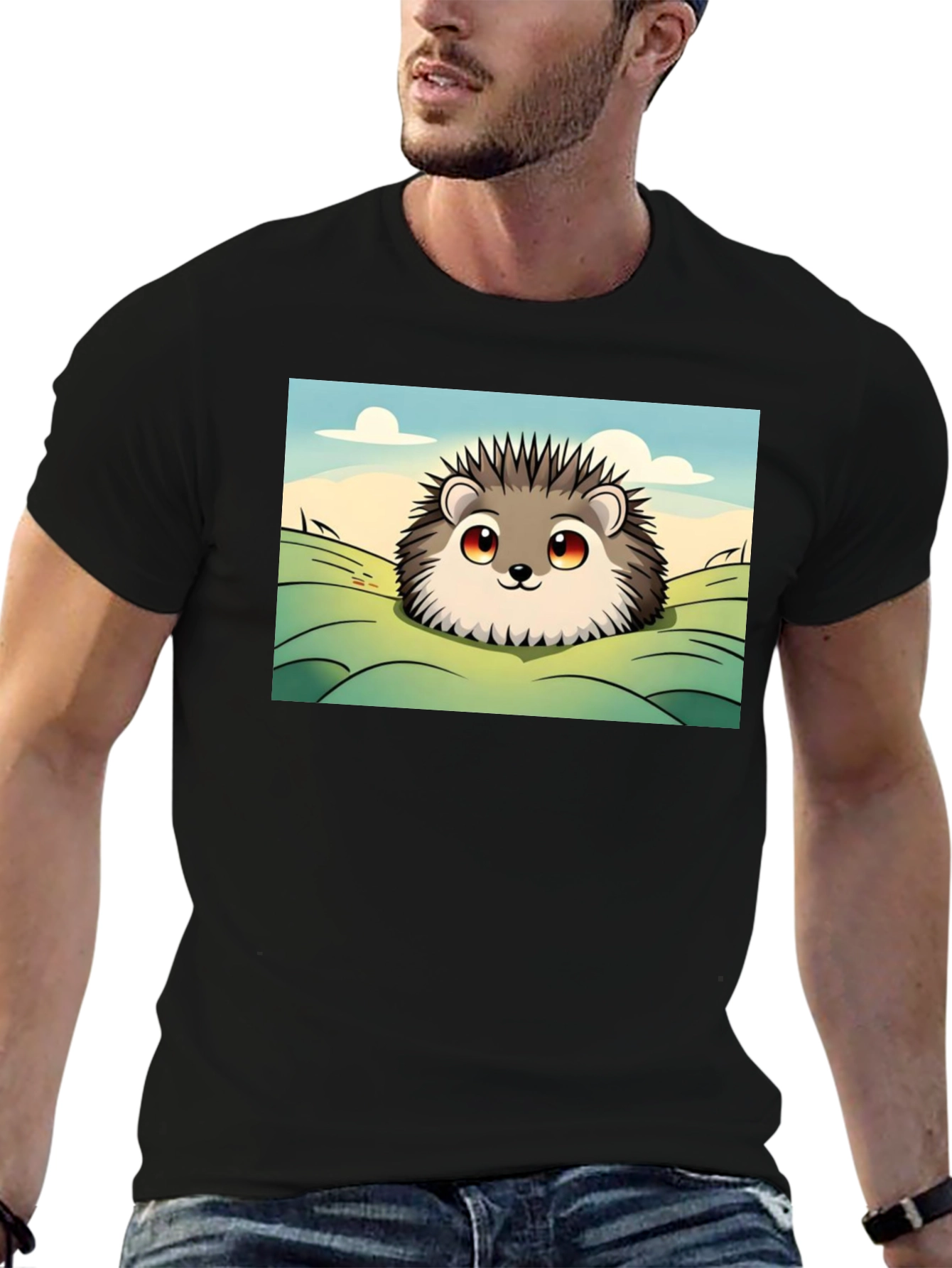Cute Hedgehog Graphic Tee - Black Cotton T-Shirt