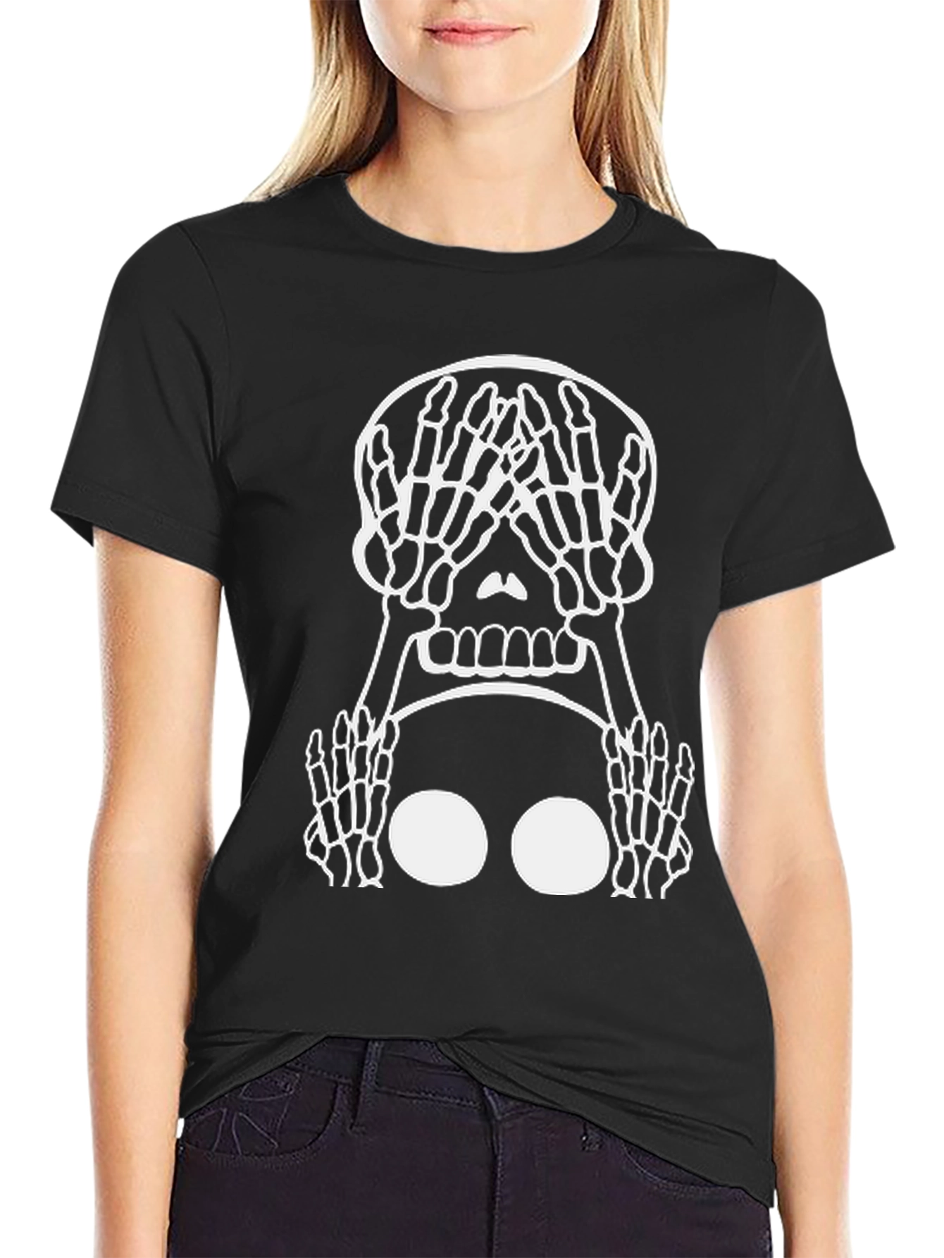 Skeleton Hands Skull Graphic Tee - Black