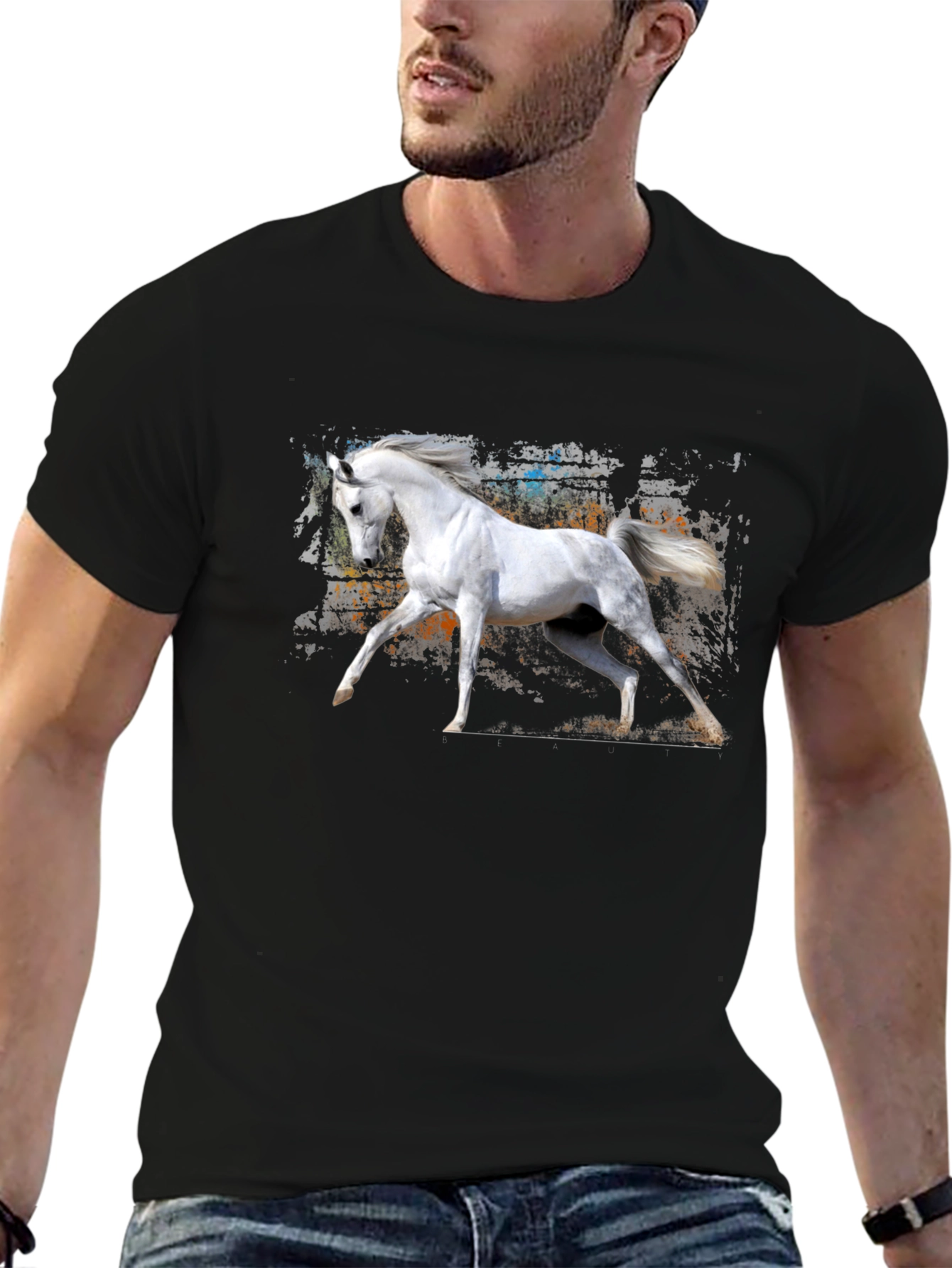 White Horse Graphic Black T-Shirt