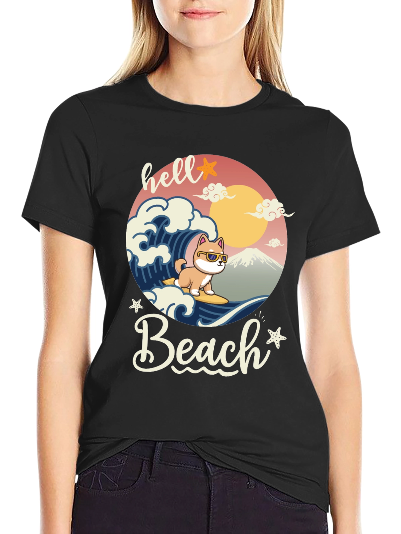 Hello Beach T-Shirt - Dog Surfing Graphic Tee