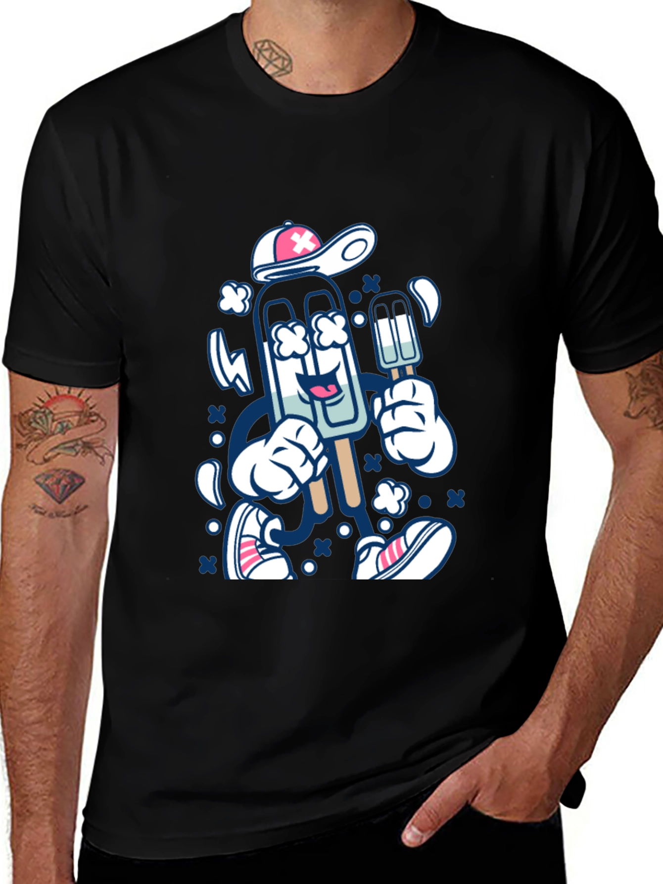 Ice Cream Cartoon Graphic Tee - Black